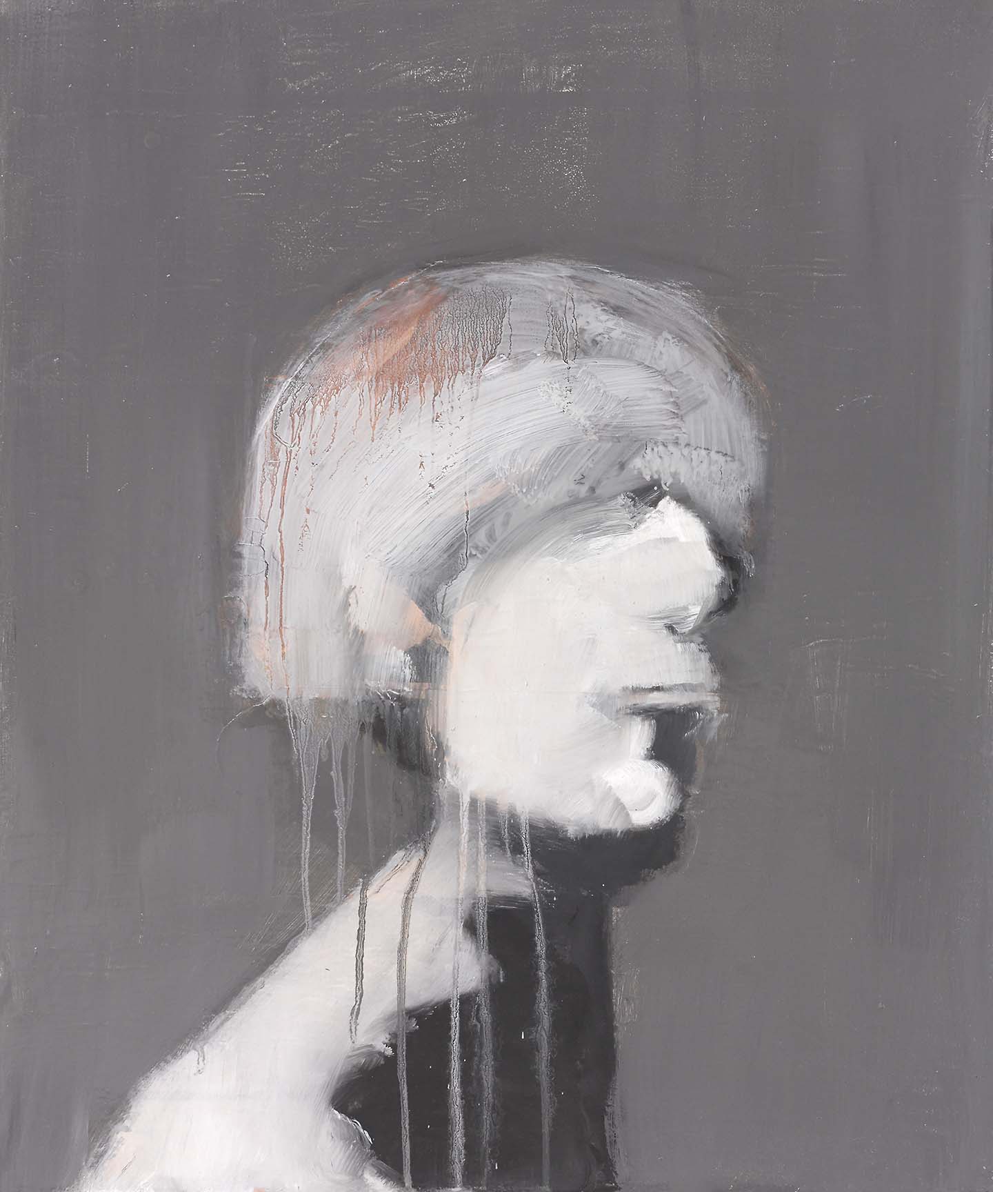 Ethereal figurative painting of a pale face dissolving into white brushstrokes with soft drips and haunting texture.