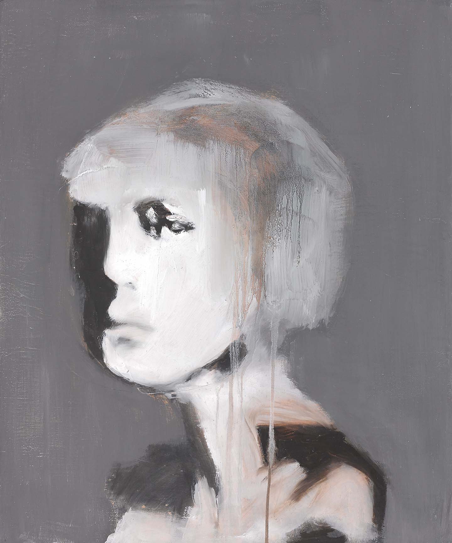 Haunting figurative painting of a pale face emerging from gray fog with black drips and emotional depth.