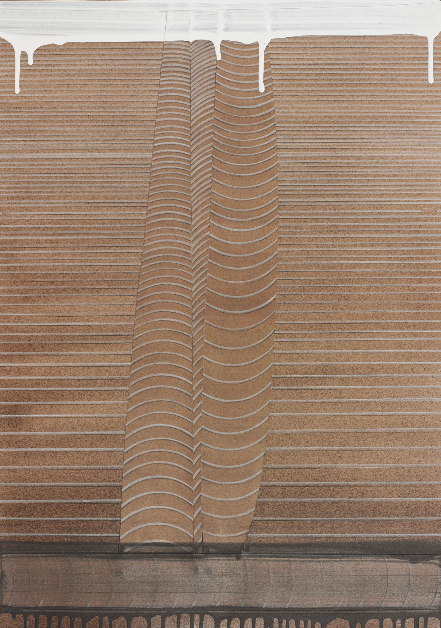 Industrial abstract painting with rust tones, curved precision lines, and white paint drips.