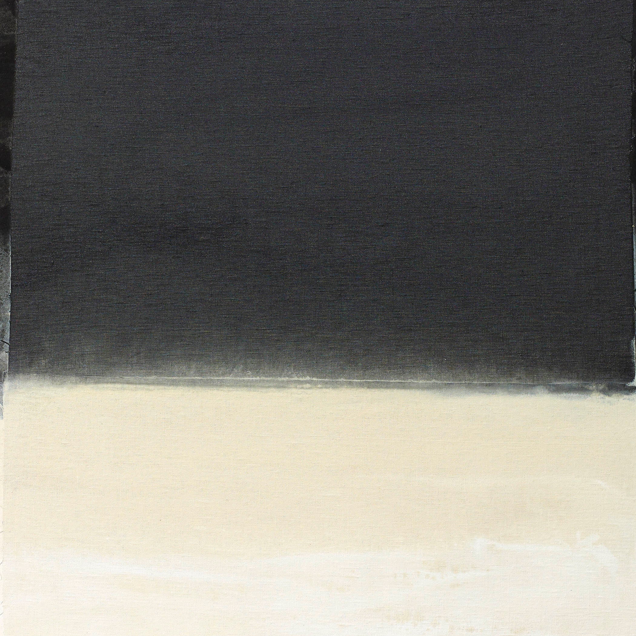 Minimal atmospheric painting with a black field over pale tones, evoking calm tension and quiet contrast.
