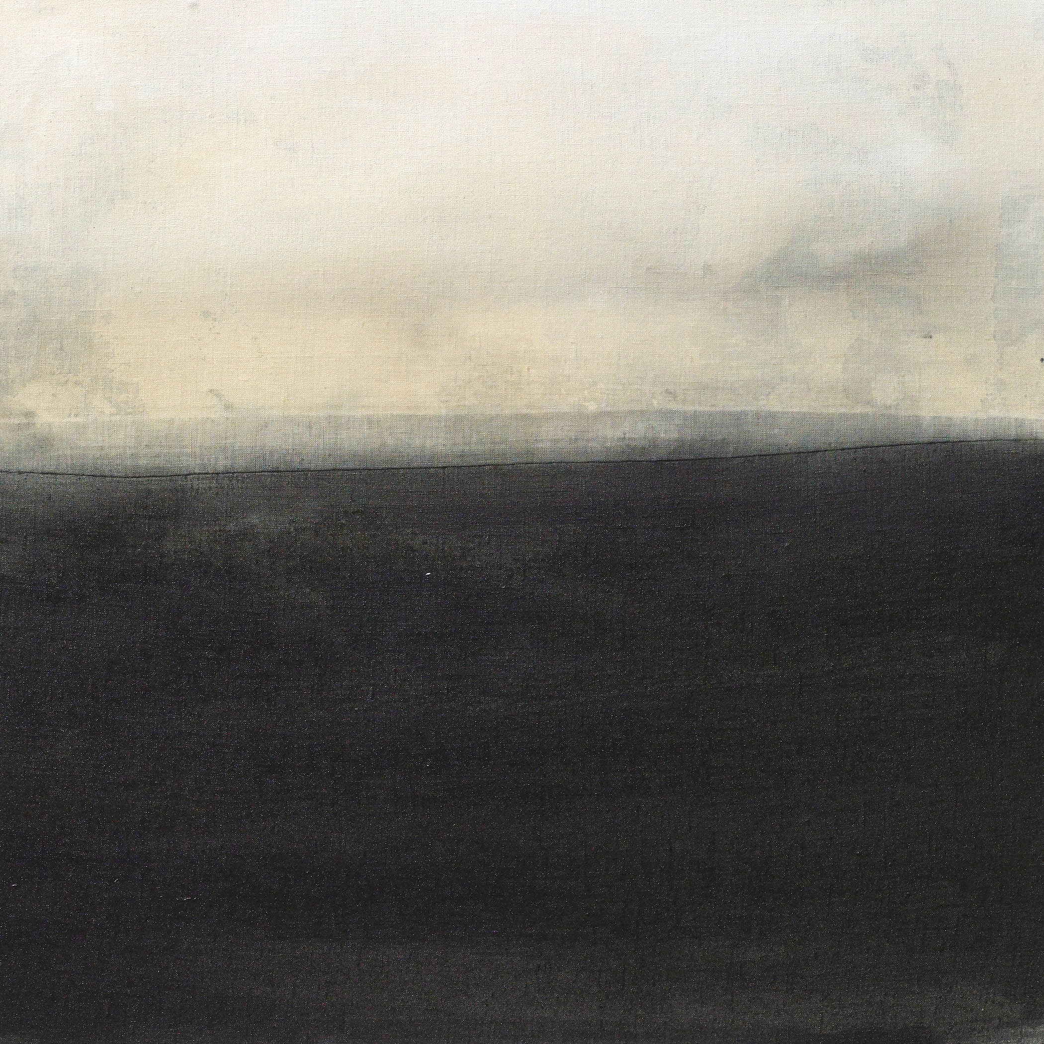 Tonal abstract painting with black and pale neutral fields, evoking balance, tension, and calm atmosphere.