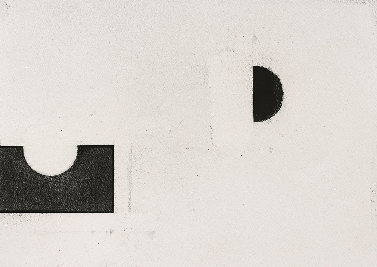 Geometric abstract painting with a black rectangle and vertical white form containing a half-moon, evoking spatial inversion and sculptural dialogue.