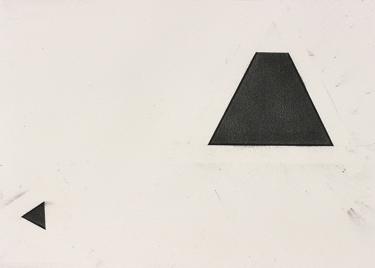 Minimalist geometric painting with trapezoid and triangle on a white field, evoking architectural tension, balance, and abstract simplicity.