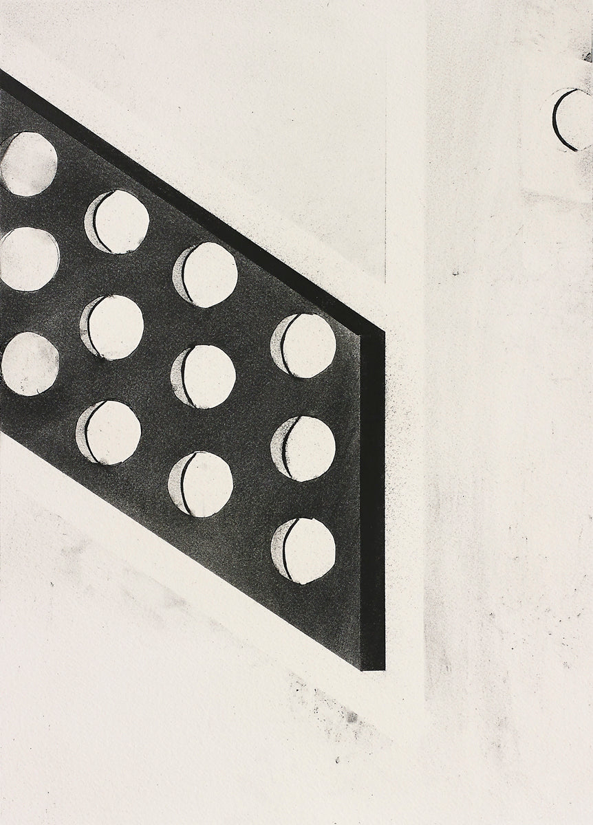 Minimalist abstract painting with black wedge and circular cutouts on a textured white field, evoking structure, rhythm, and coded geometry.