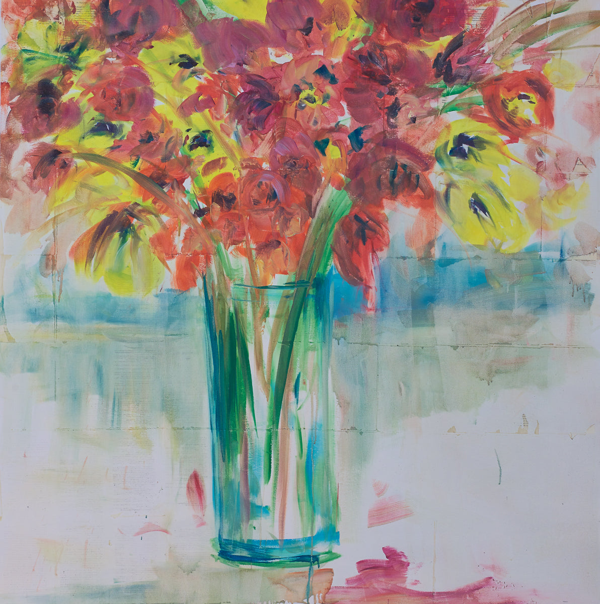 Vibrant bouquet painting with crimson, gold, and violet bursts from a vase, evoking radiant energy, movement, and abstract joy.