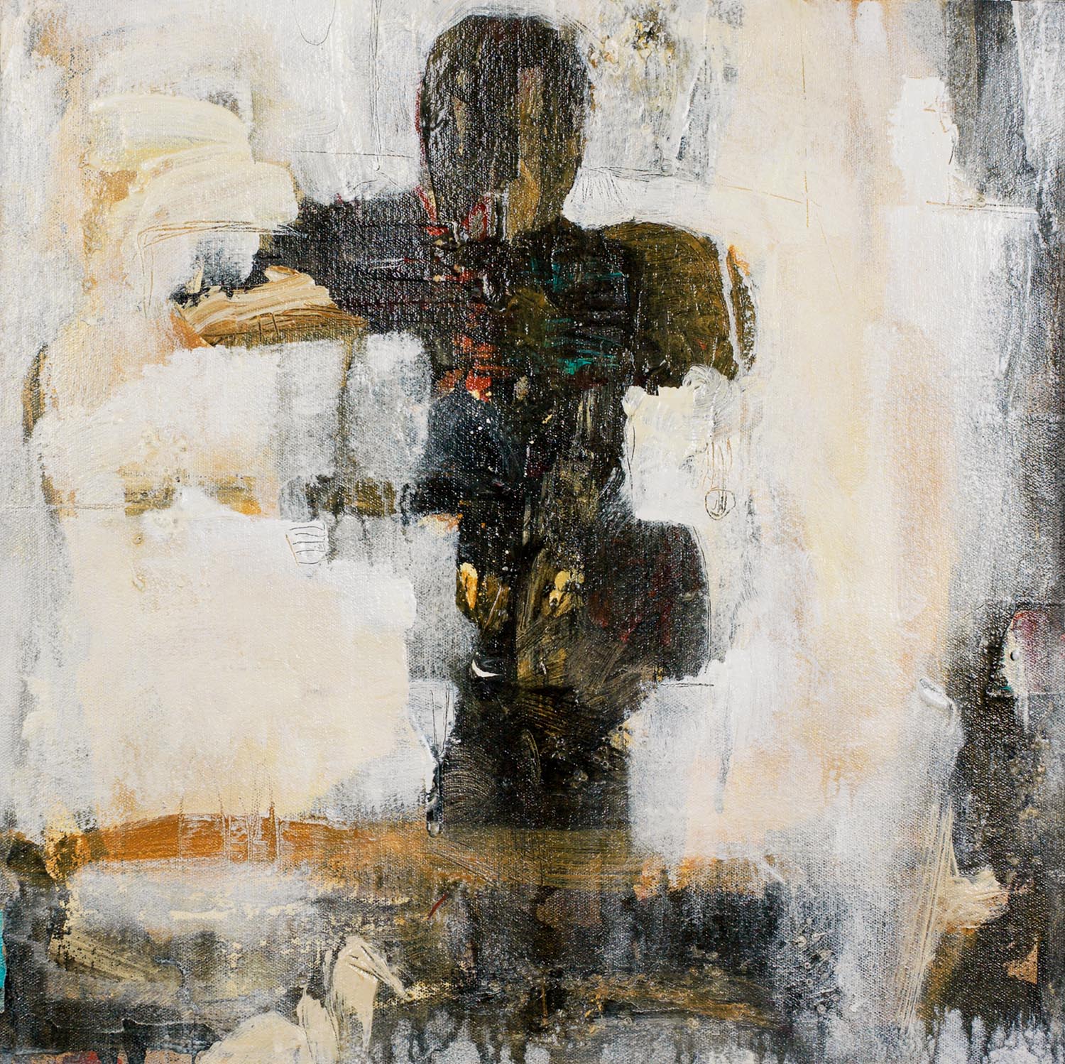 Textured figurative painting in rust, black, and white tones, evoking tension, presence, and layered abstraction.