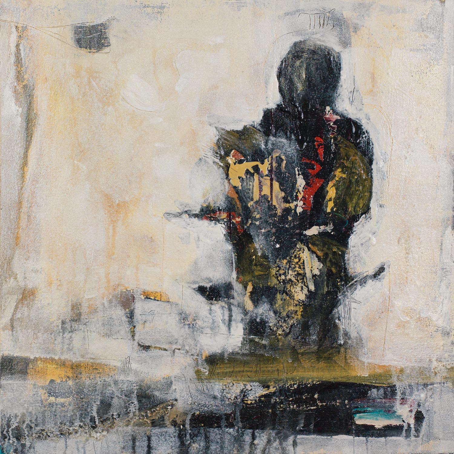 Emotive figurative painting with spectral figure in ochre, black, and crimson, evoking silence, decay, and layered identity.