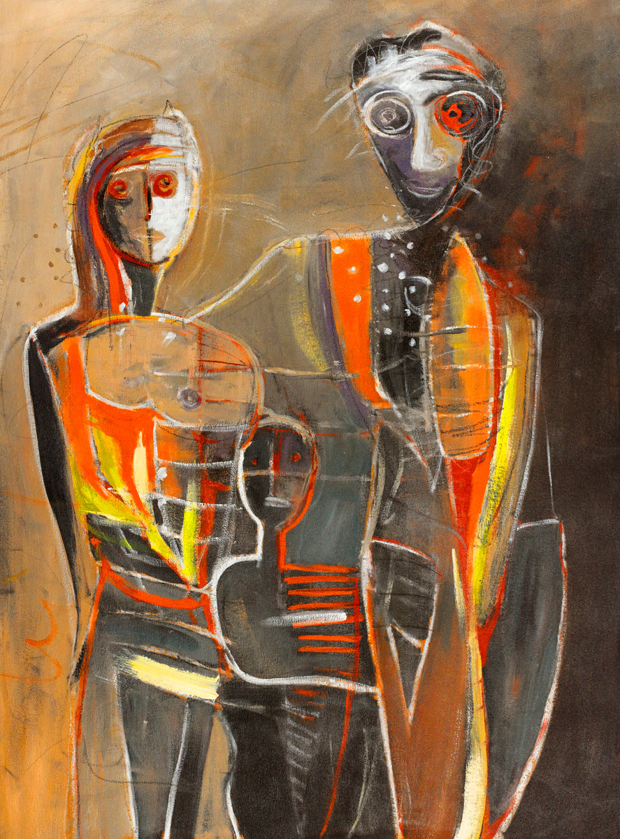 Abstract figurative painting with three ghostlike figures in orange, yellow, and black, featuring spiraled eyes and layered, glowing forms.