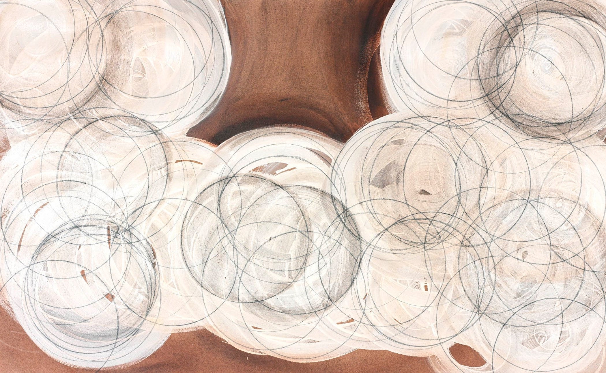 Contemporary abstract drawing with graphite loops, swirling white forms, and a brown textured background.