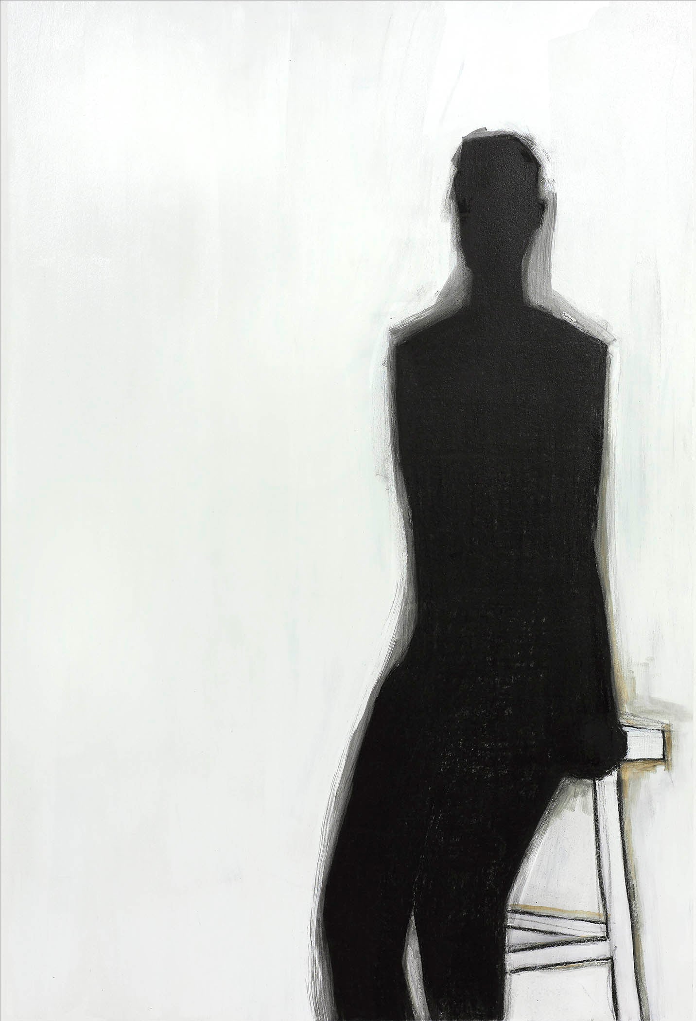 Solitary silhouette figure seated beside a minimal stool in stark white space, creating a haunting and meditative mood.