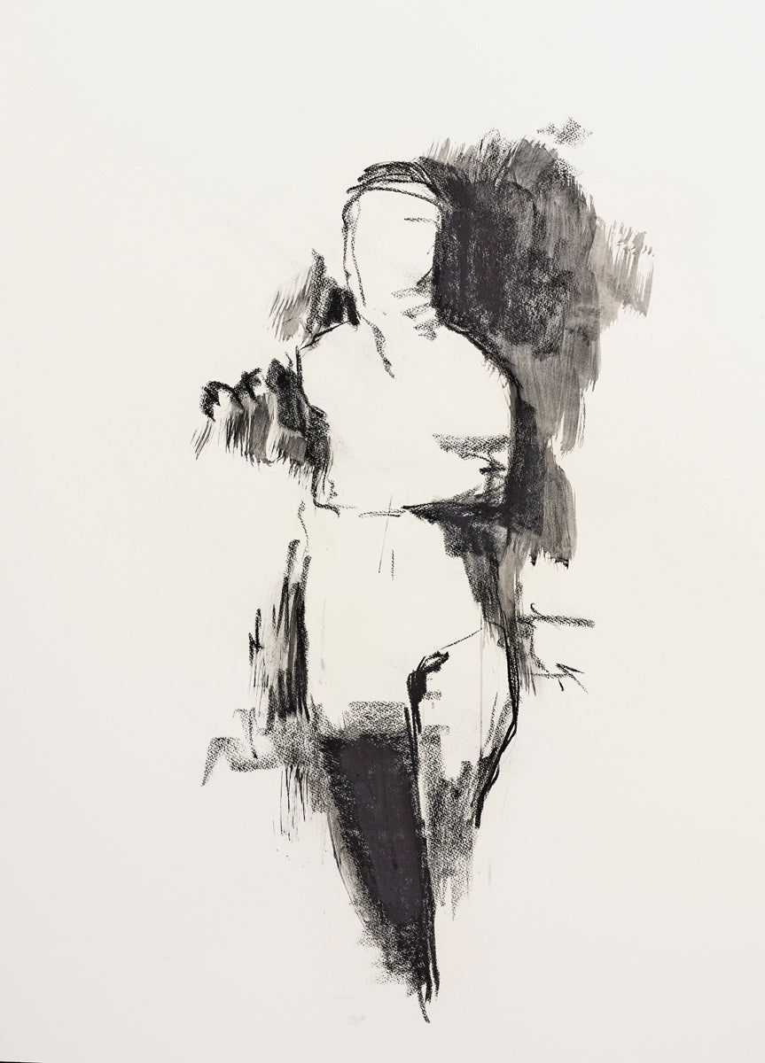 Charcoal minimal figure with fragmented strokes and stark black-and-white contrast.