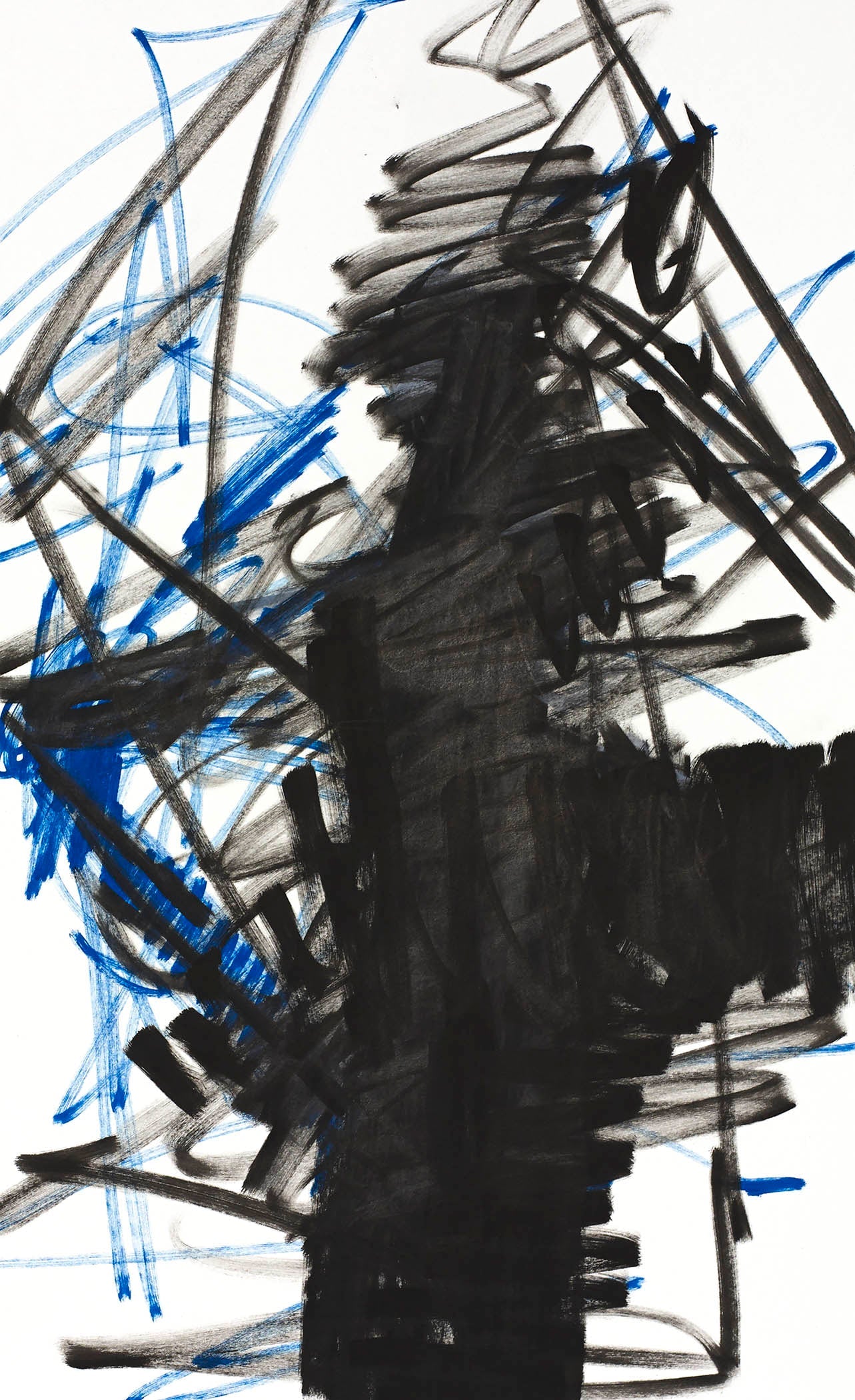 Dynamic abstract figure in black and cobalt blue with expressive motion and raw energy.