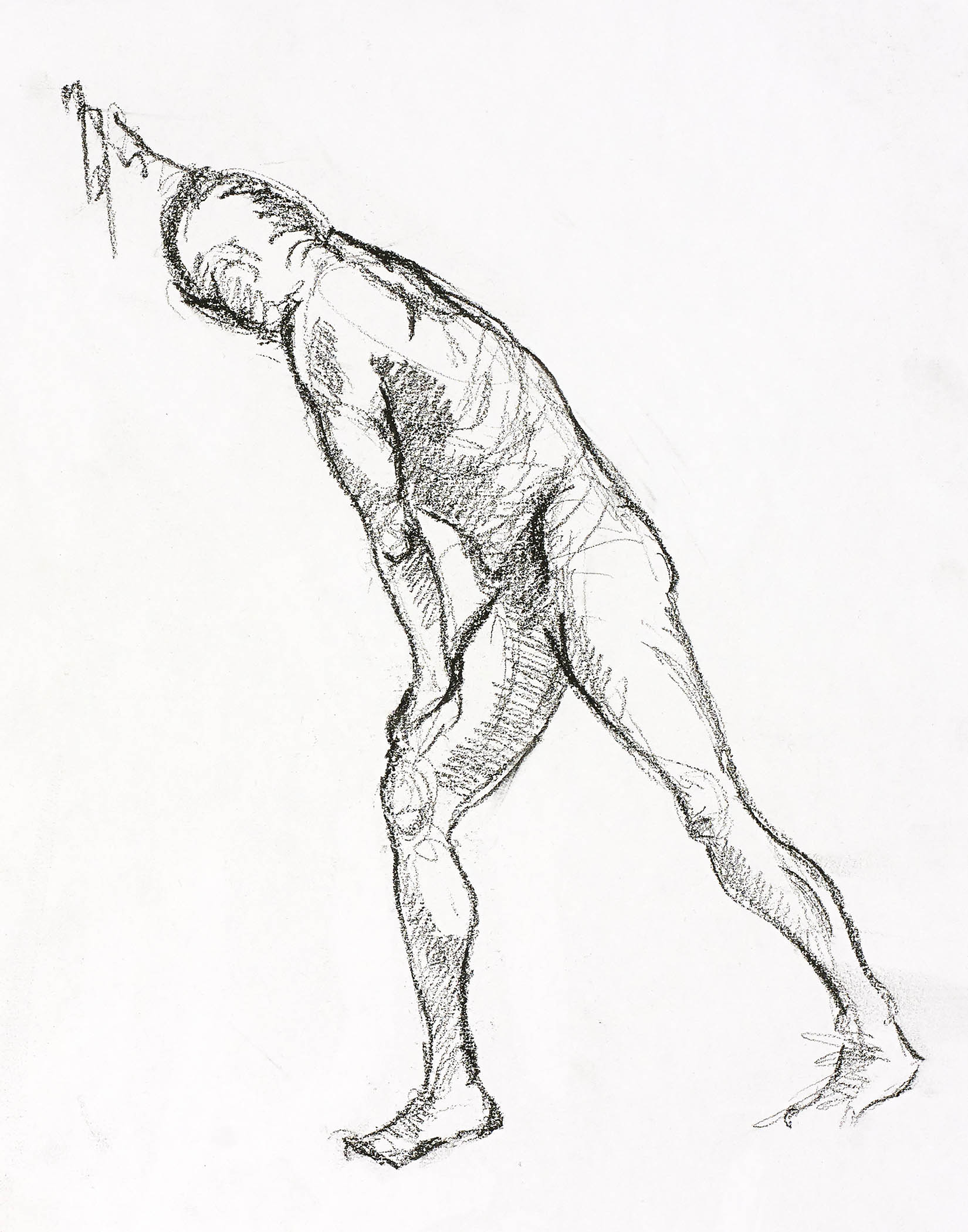 Charcoal study of a bent figure leaning forward with dynamic weight, sharp strokes, and visible tension in the pose.