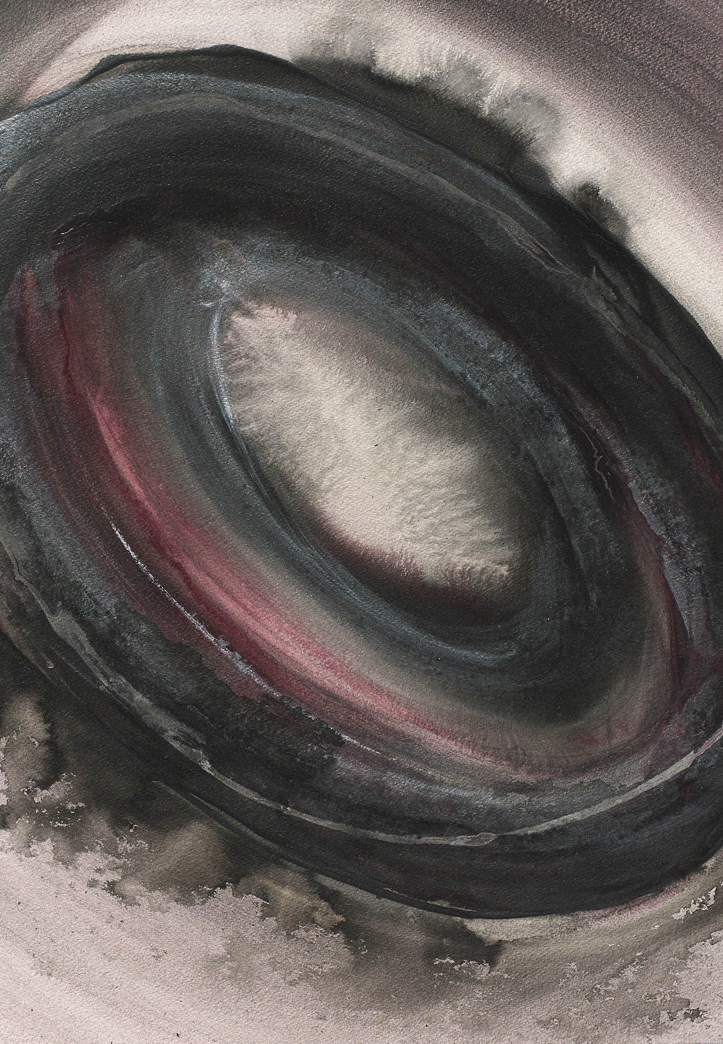 Geode abstract painting with concentric waves of deep crimson and smoky black, evoking a cosmic vortex and mineral storm.