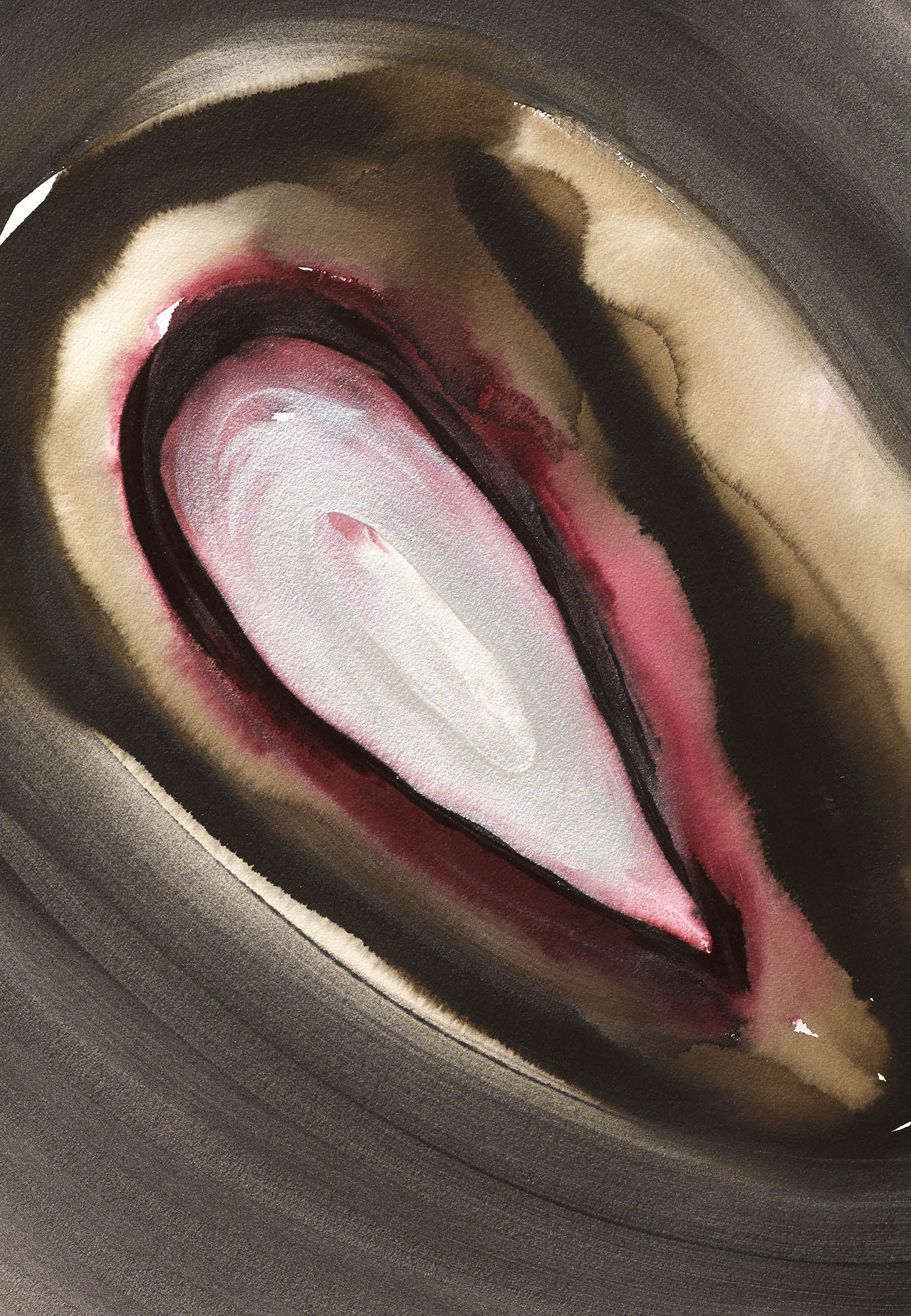 Agate abstract painting with blush, crimson, and taupe rings radiating from a glowing core, evoking warmth and fossilized mystery.