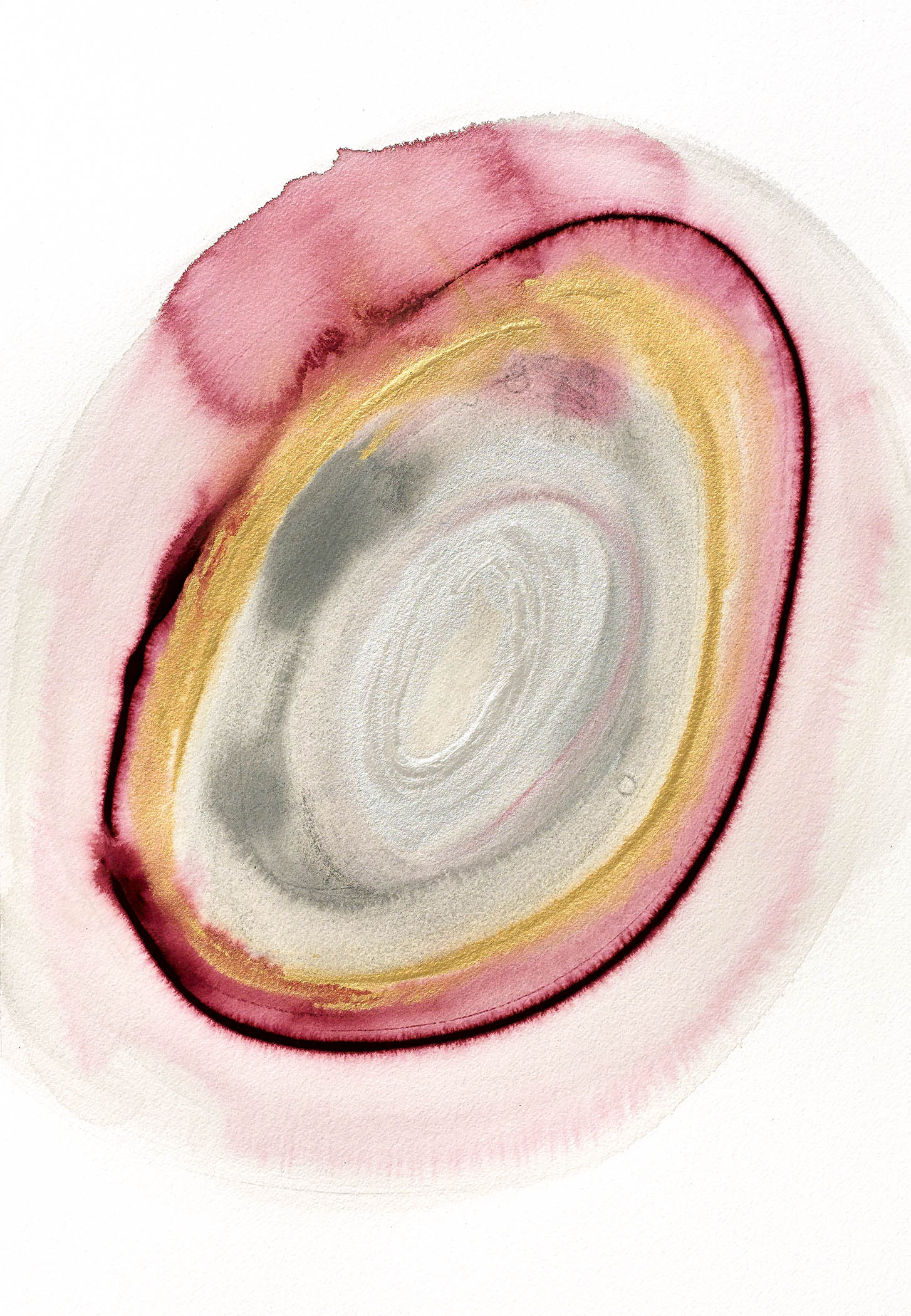 Gemstone abstract painting with soft concentric rings of rose, gold, and pearl, evoking watercolor luminosity and organic tenderness.