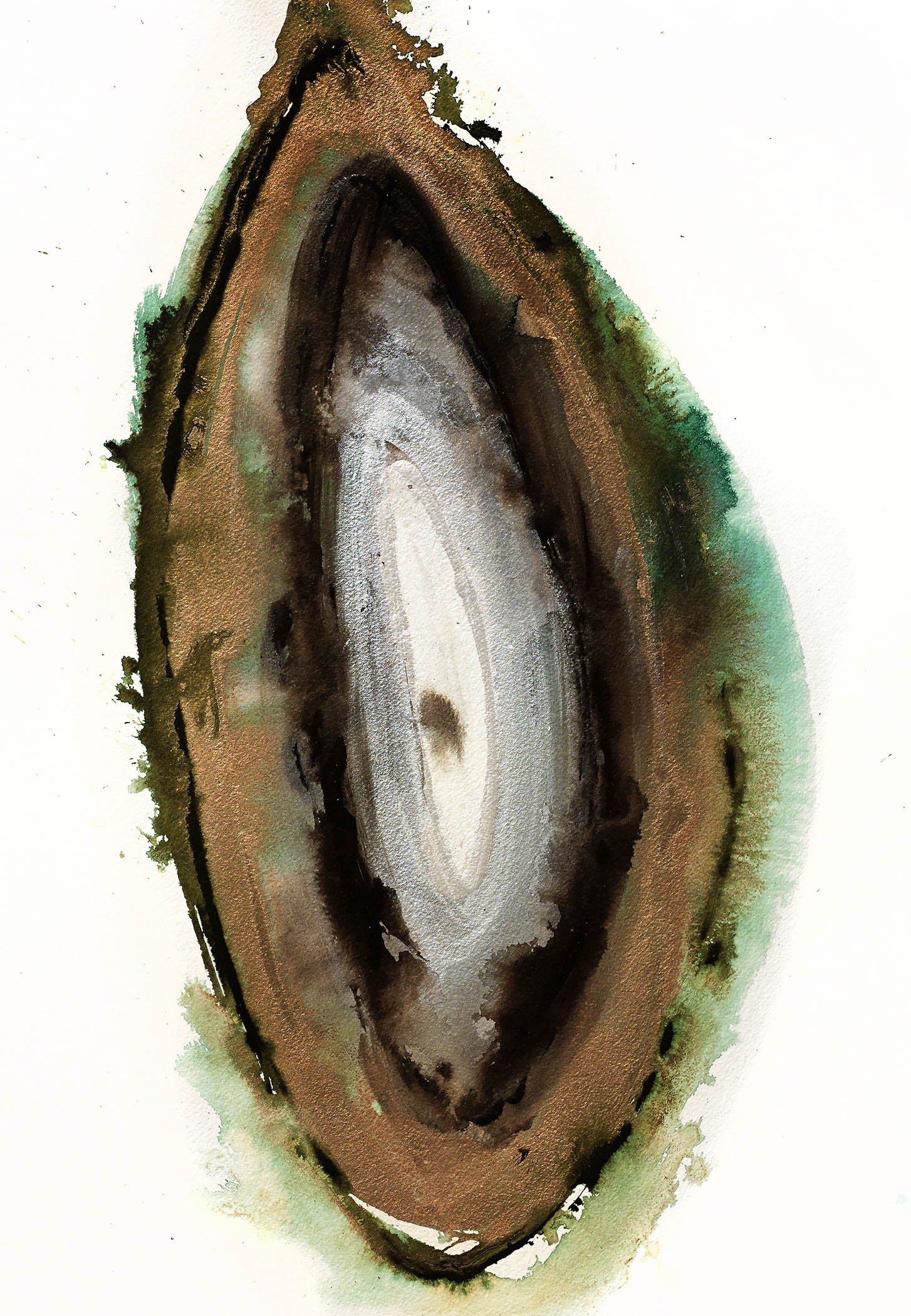 Geological abstract painting with teardrop-shaped core and layered rings of moss green, rust brown, and foggy white, evoking earth’s memory.