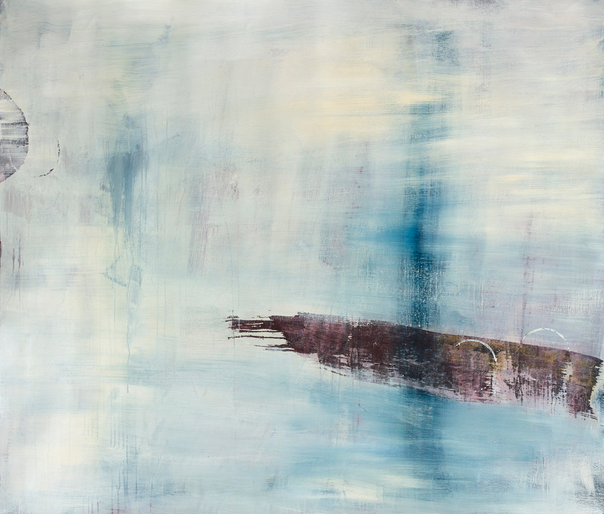 Minimal abstract seascape featuring pale blues, ivory tones, and a dark drifting form.