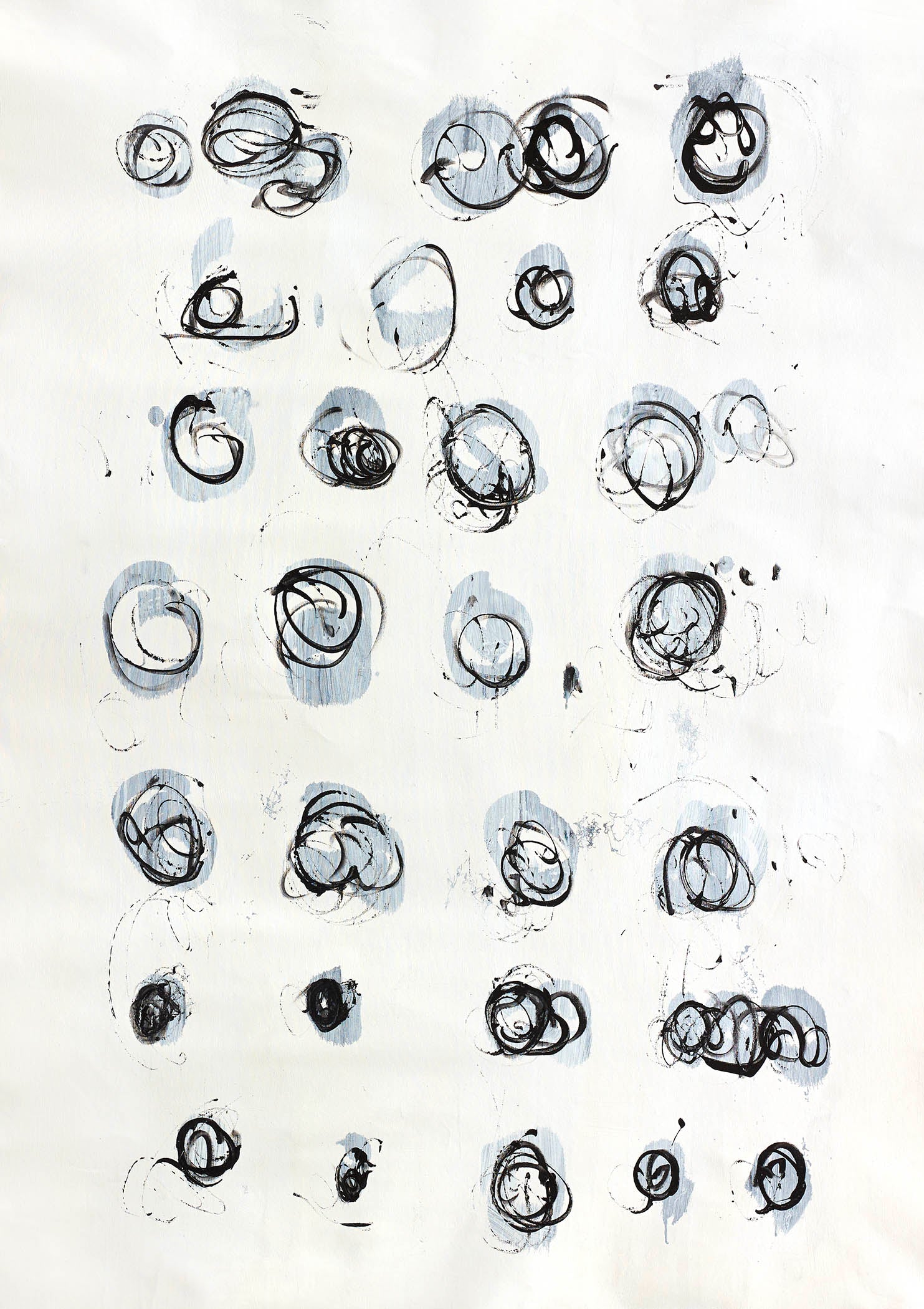 Expressive abstract art with black spirals over blue-gray tones, evoking rhythm, motion, and creative energy.