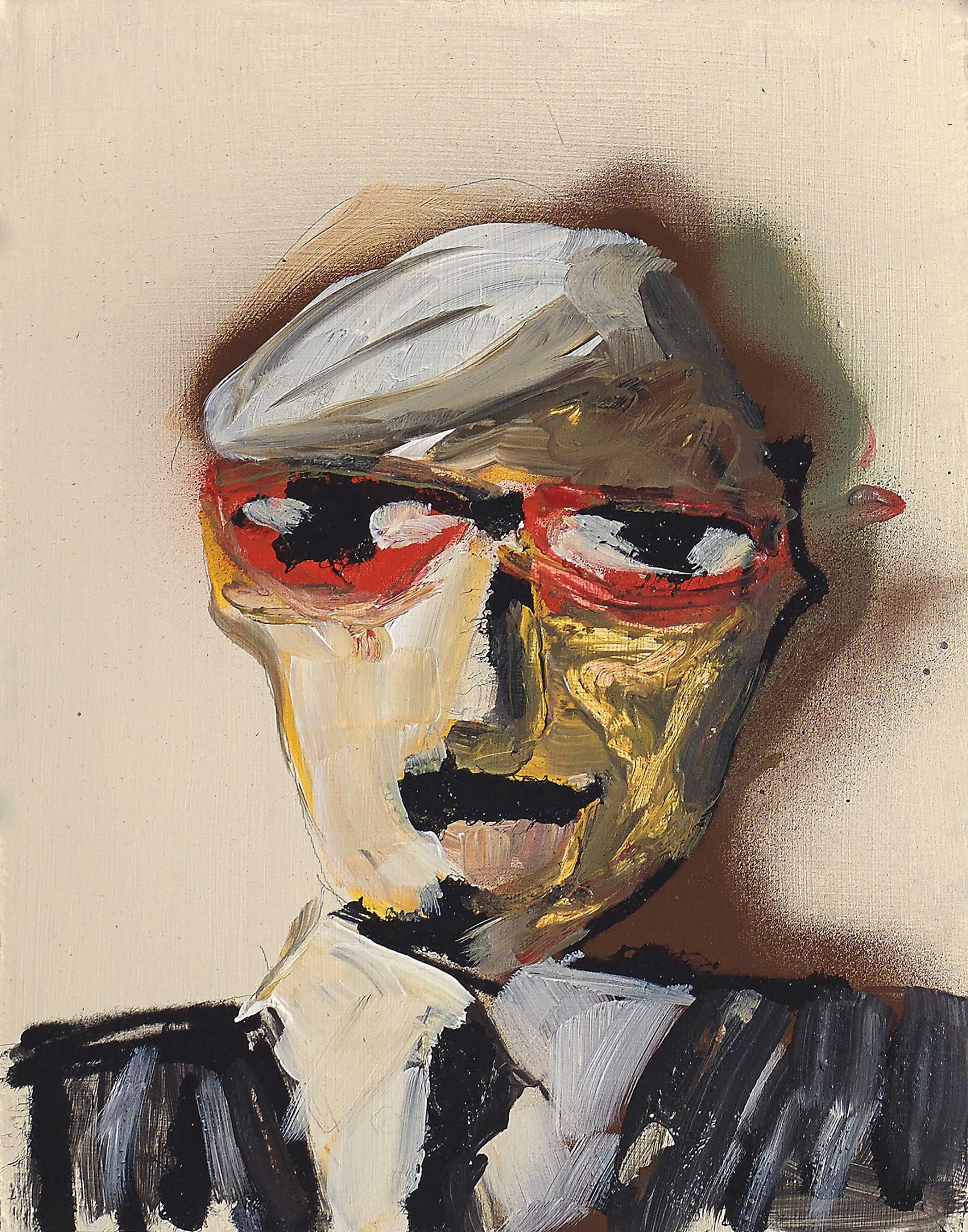 Modern expressive portrait with crimson shades, gold tones, and bold abstract energy.