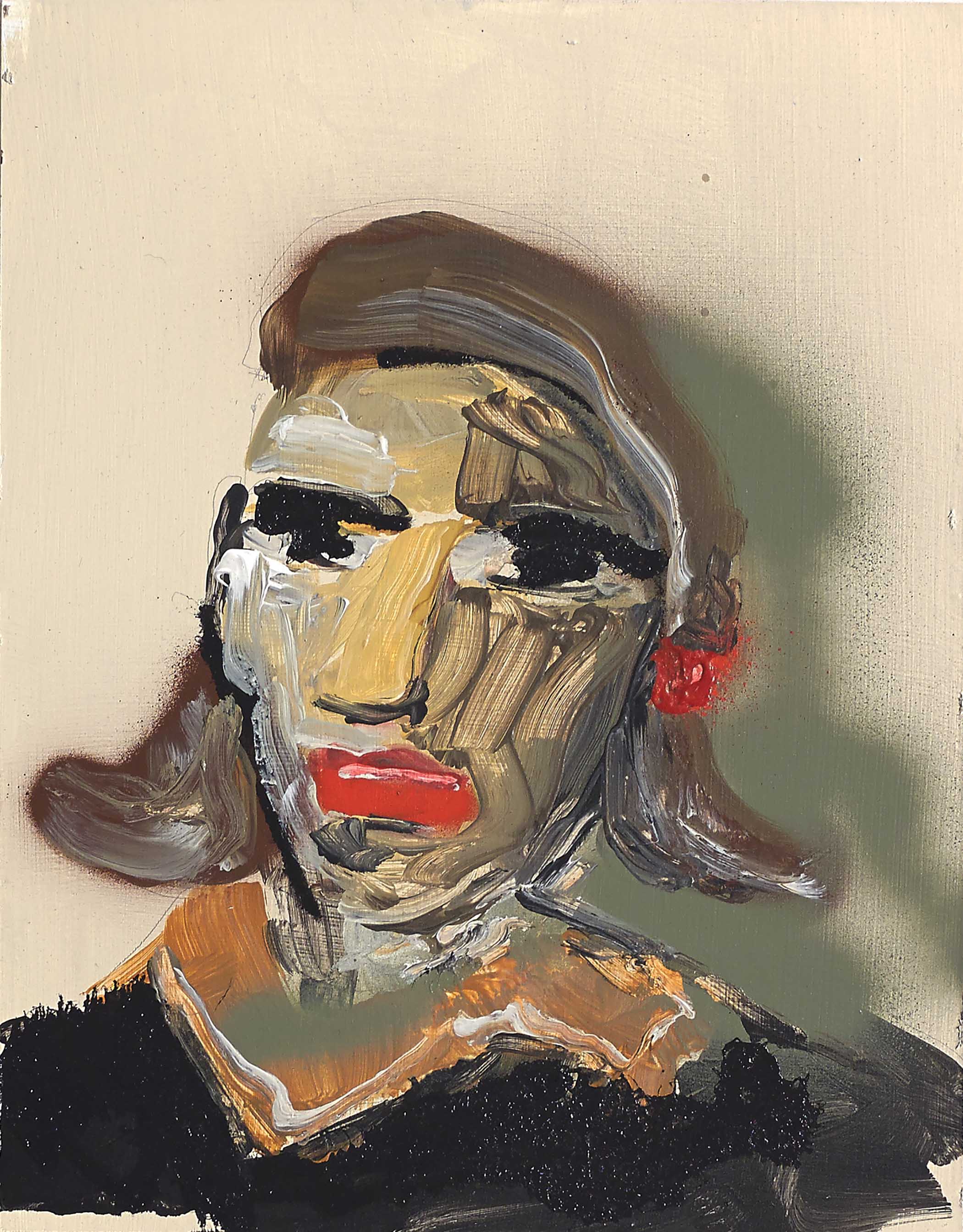 Expressive figurative painting in ochre, black, and olive with intense gaze and raw emotion.