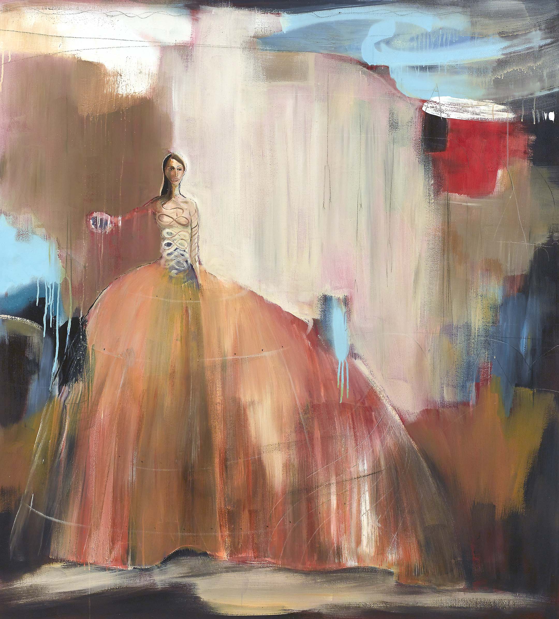 Figurative abstract painting of a lone figure in a dreamlike gown against smudged skies, evoking elegance, poise, and lyrical presence.