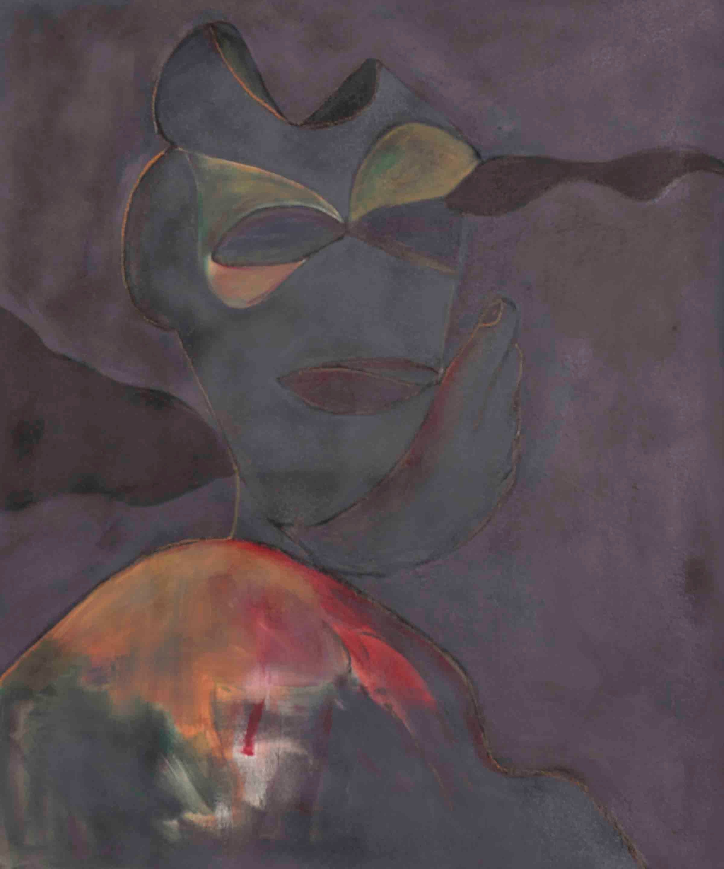 Ethereal abstract portrait with spectral figure in violet, green, and gold tones, evoking mystery and graceful tension.