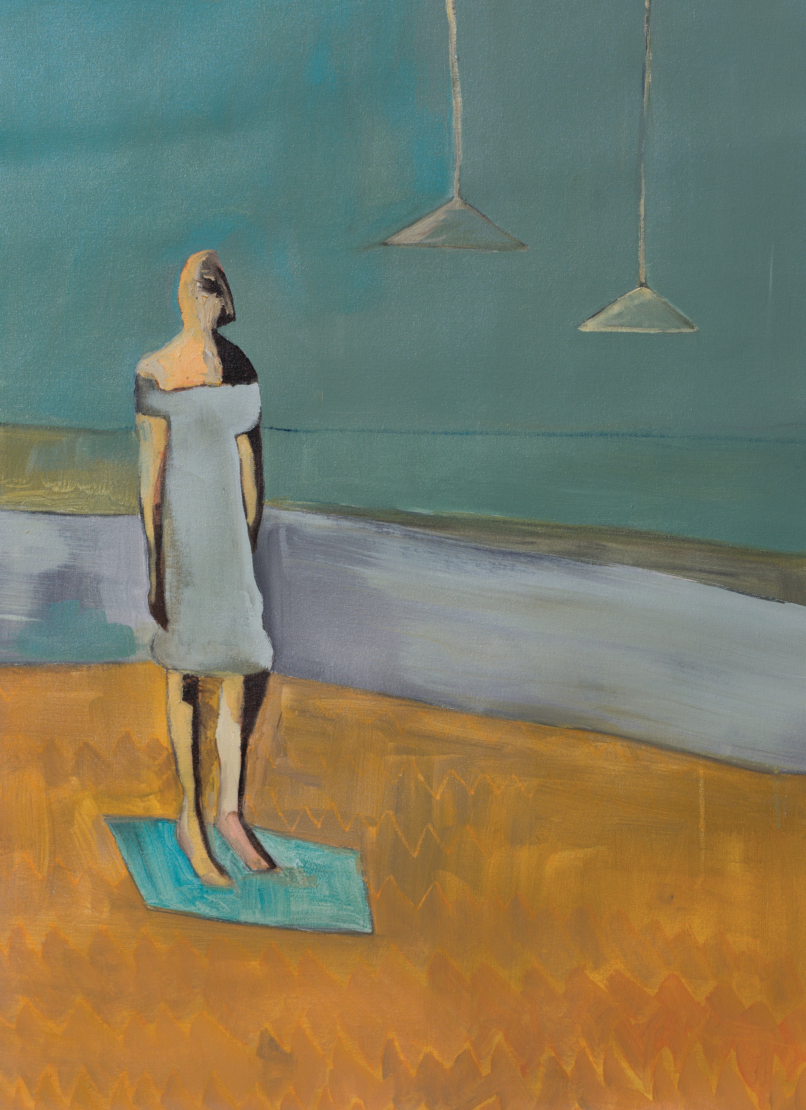 Surreal interior painting with a solitary figure, teal walls, and glowing orange floor under two suspended lights.
