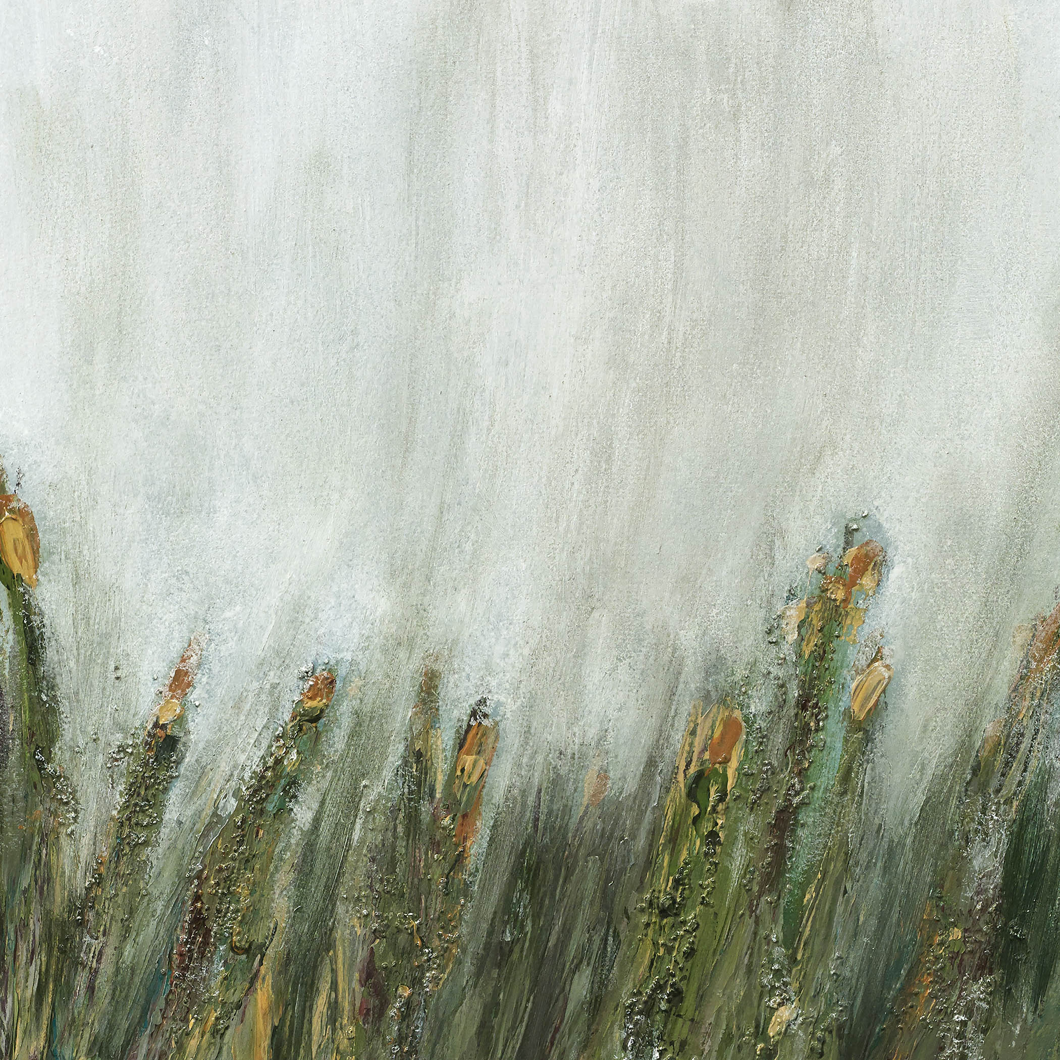 Textured floral abstraction with golden buds and mossy greens emerging through mist, evoking softness, depth, and renewal.