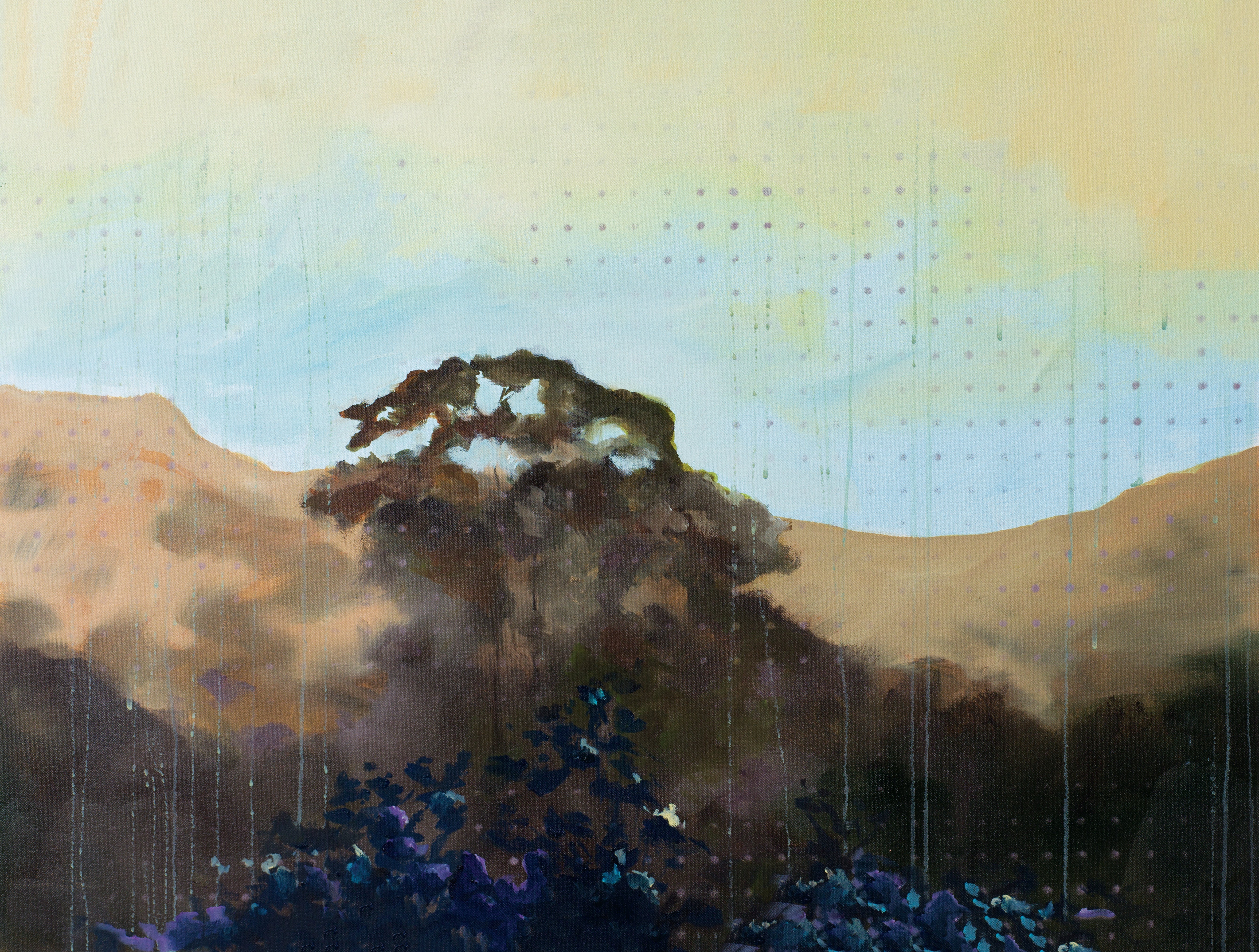 Dreamlike landscape painting with golden hills, lavender dots, and a lone tree beneath a soft morning sky, evoking serenity and memory.
