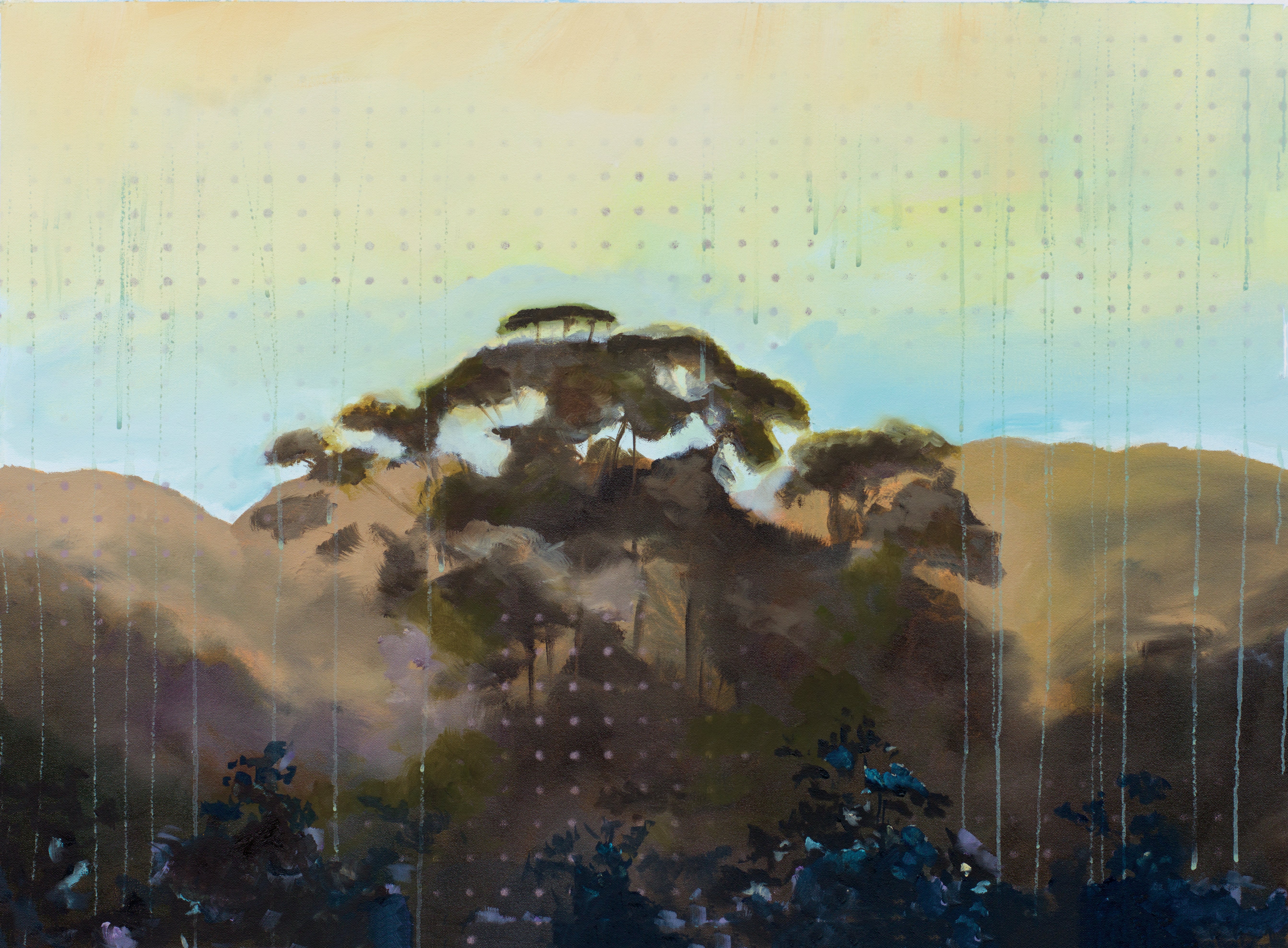 California landscape painting with silhouetted trees on golden hills beneath a lavender sky, evoking warmth, nostalgia, and dreamlike calm.