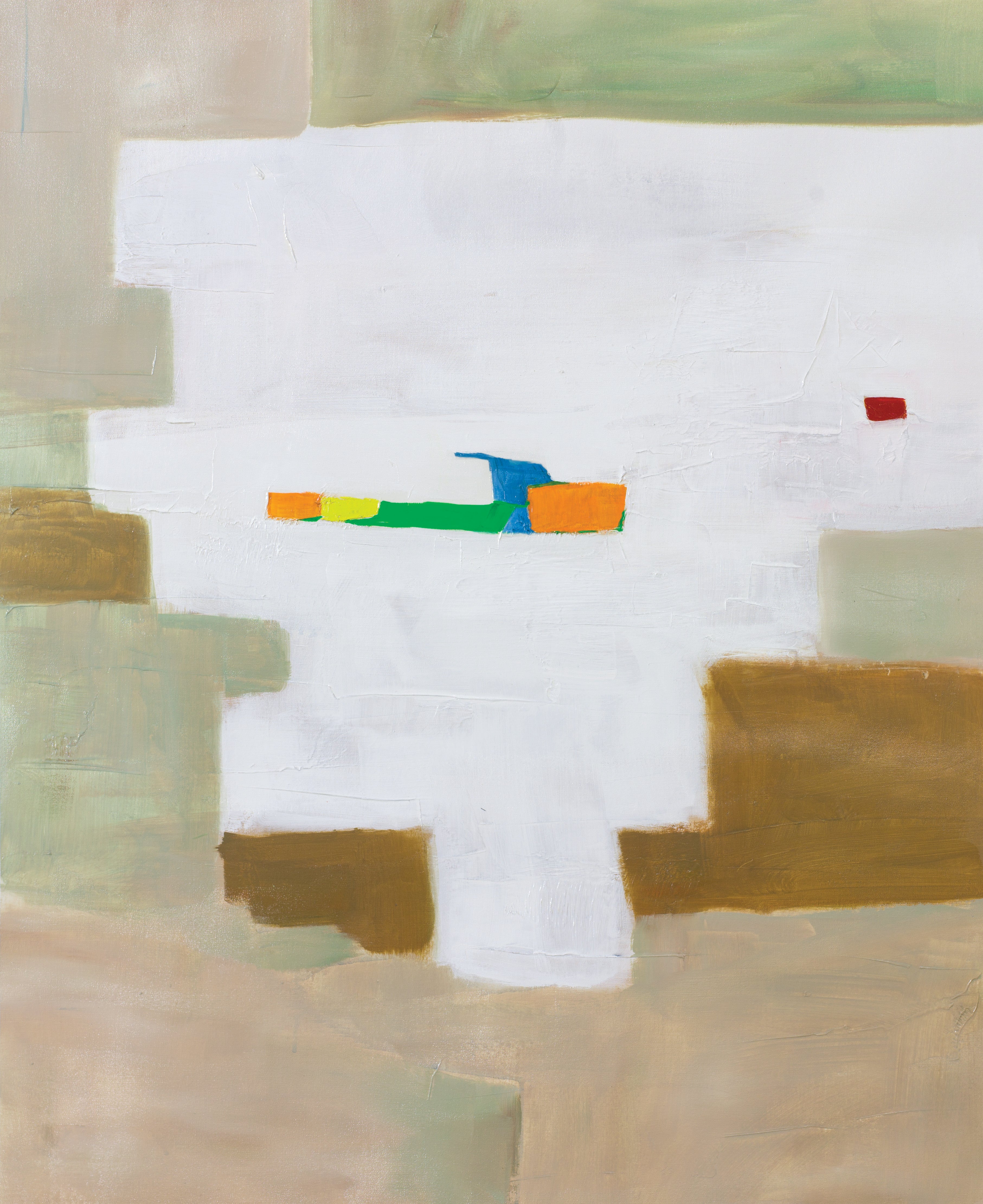 Minimalist abstract painting with earth tones and pale green, accented by orange, blue, and lime, evoking warmth, light, and place.