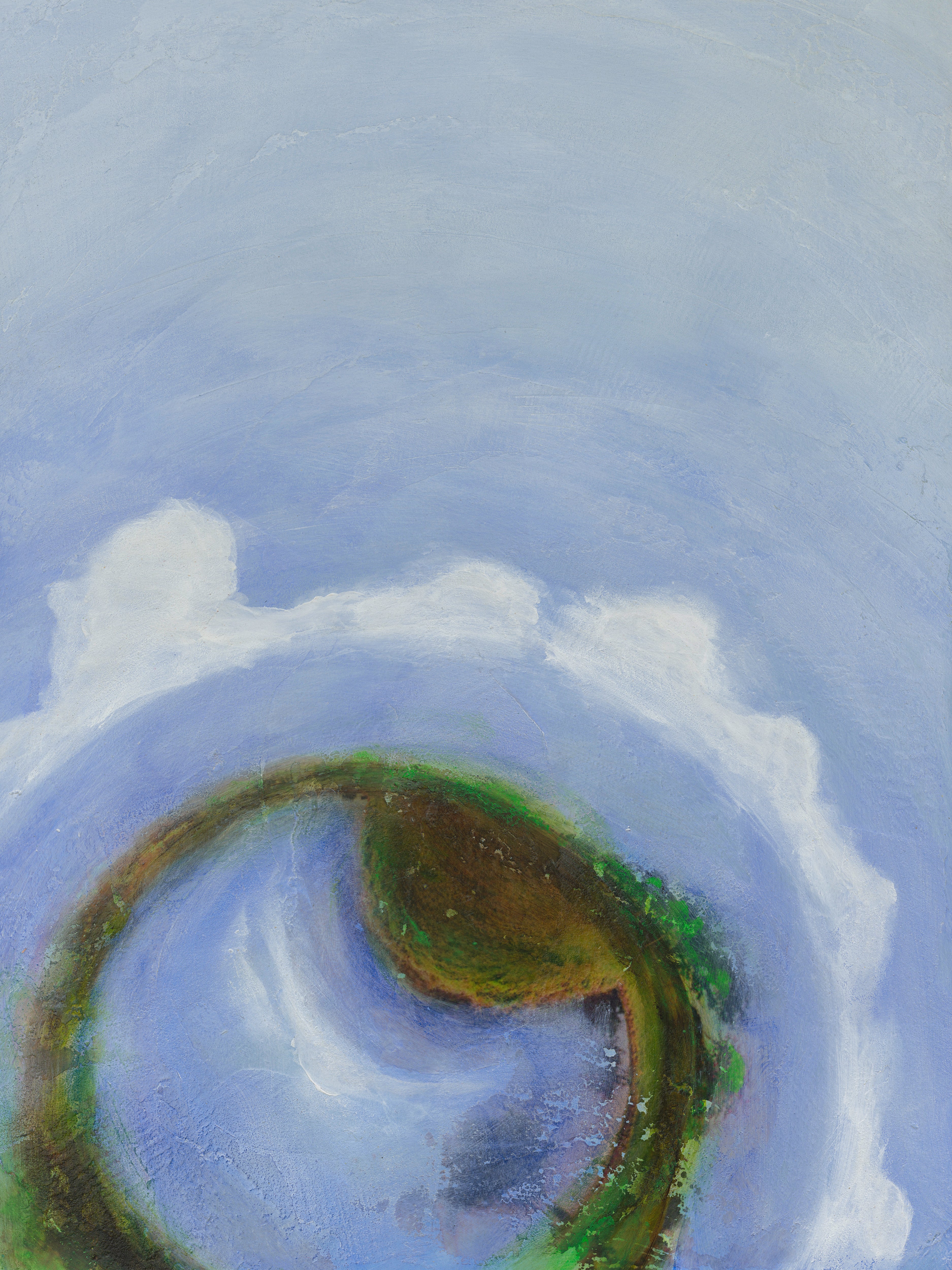 Earth-inspired abstract painting featuring swirling blues and neutral tones forming a dreamlike globe.