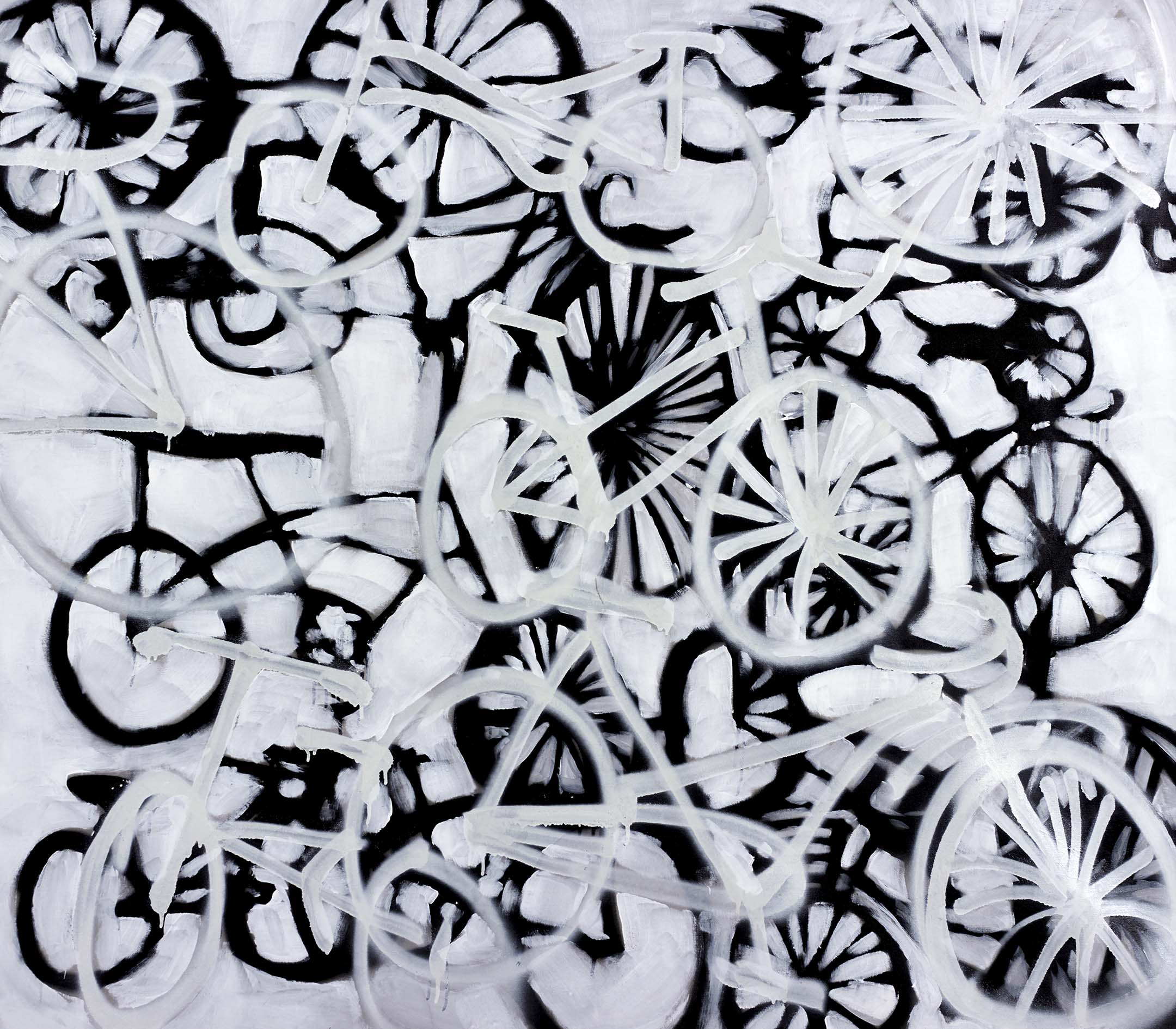 Monochrome bicycle abstract painting with tangled wheels and frames in black and white, evoking motion, memory, and rhythmic collision.