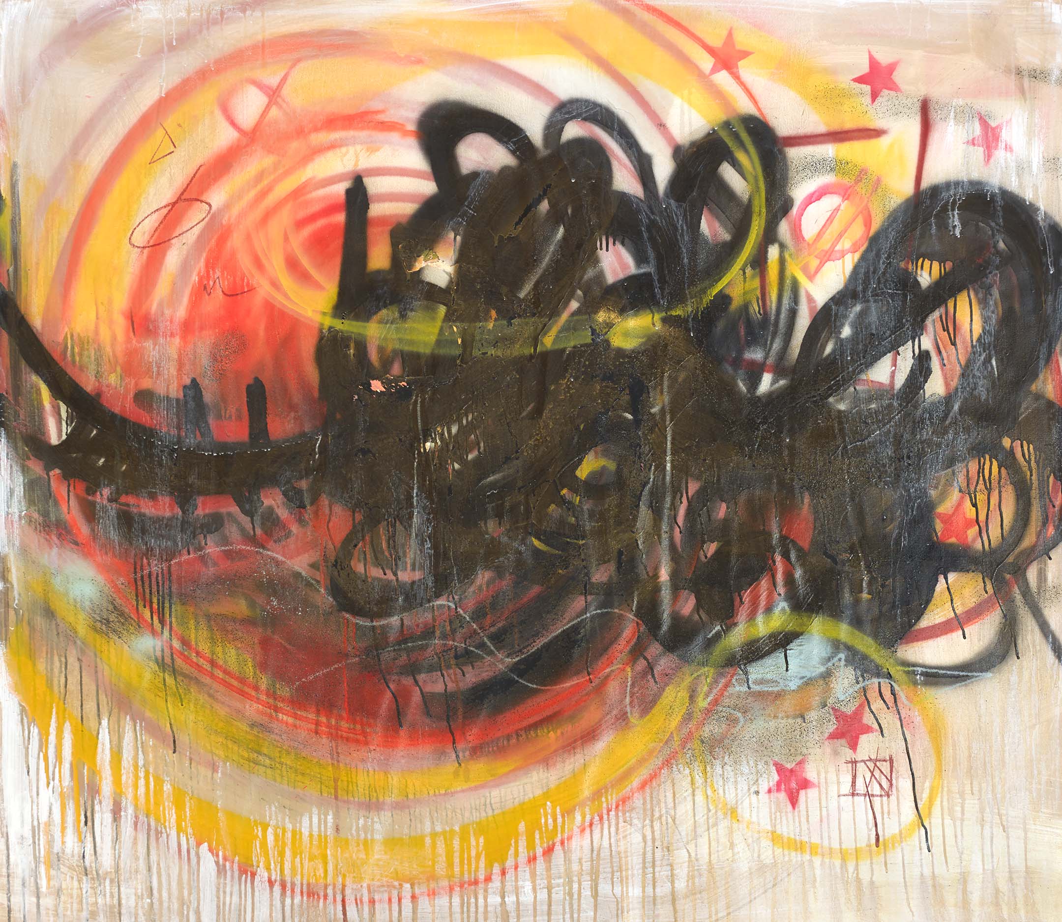 Abstract chaos artwork with black scribbles swirling over a fiery red, orange, and yellow vortex with drips, stars, and graffiti-like symbols.