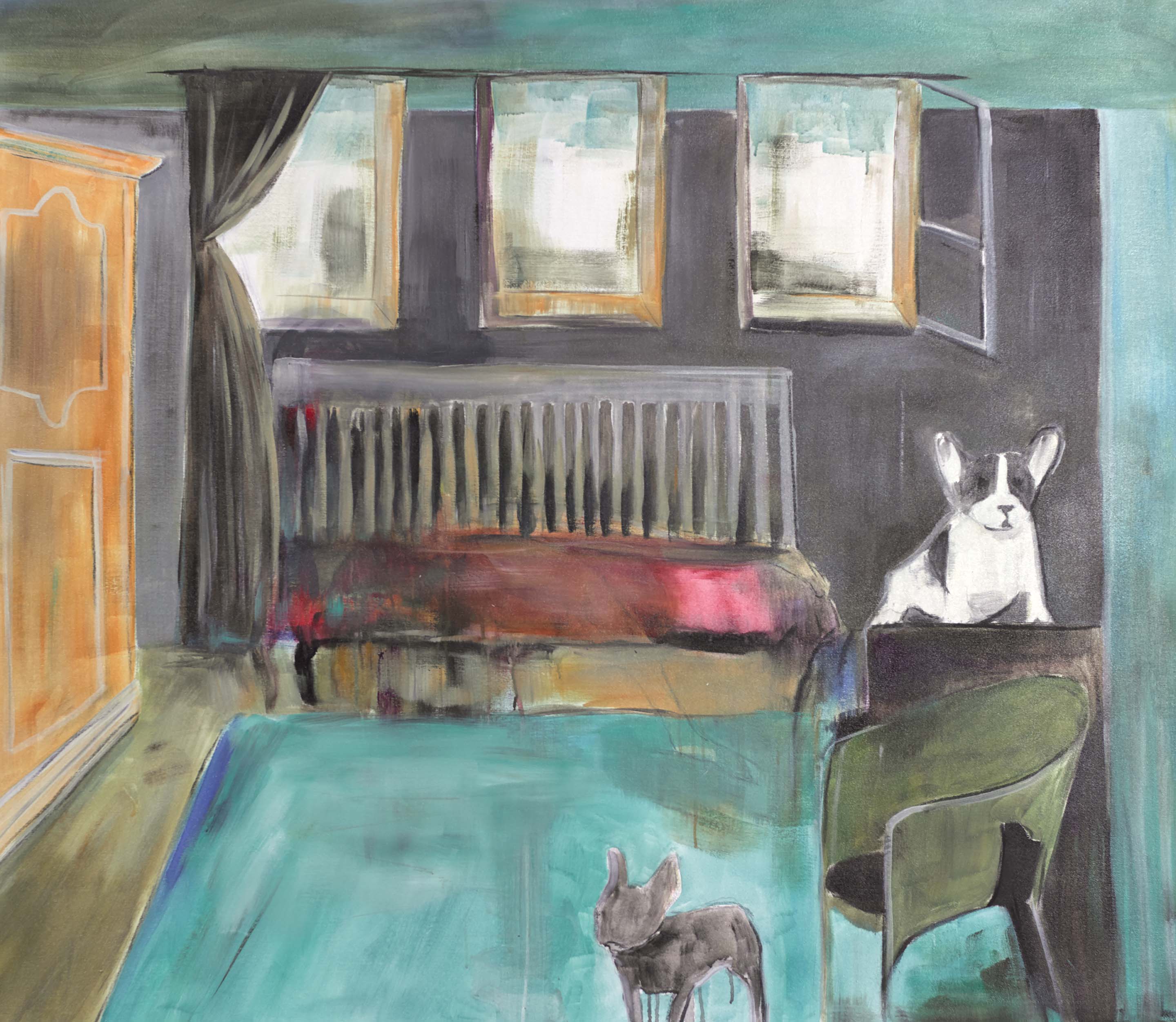 French bulldog painting in a teal-washed room with shadows, windows, and radiator, featuring one regal seated dog and one wandering below.