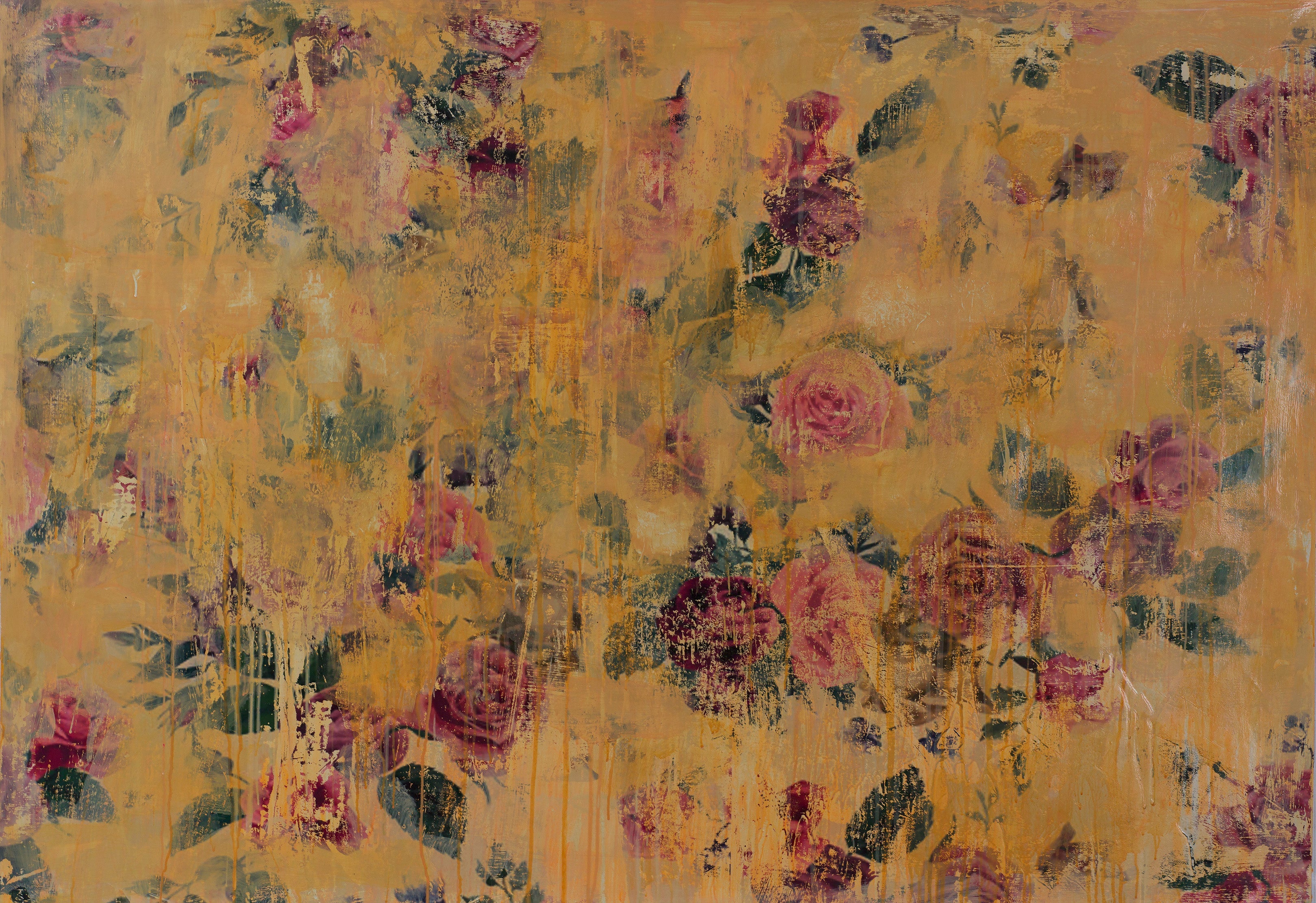 Abstract floral painting in blush, crimson, and ochre tones, depicting roses dissolving through layered, dreamlike texture.