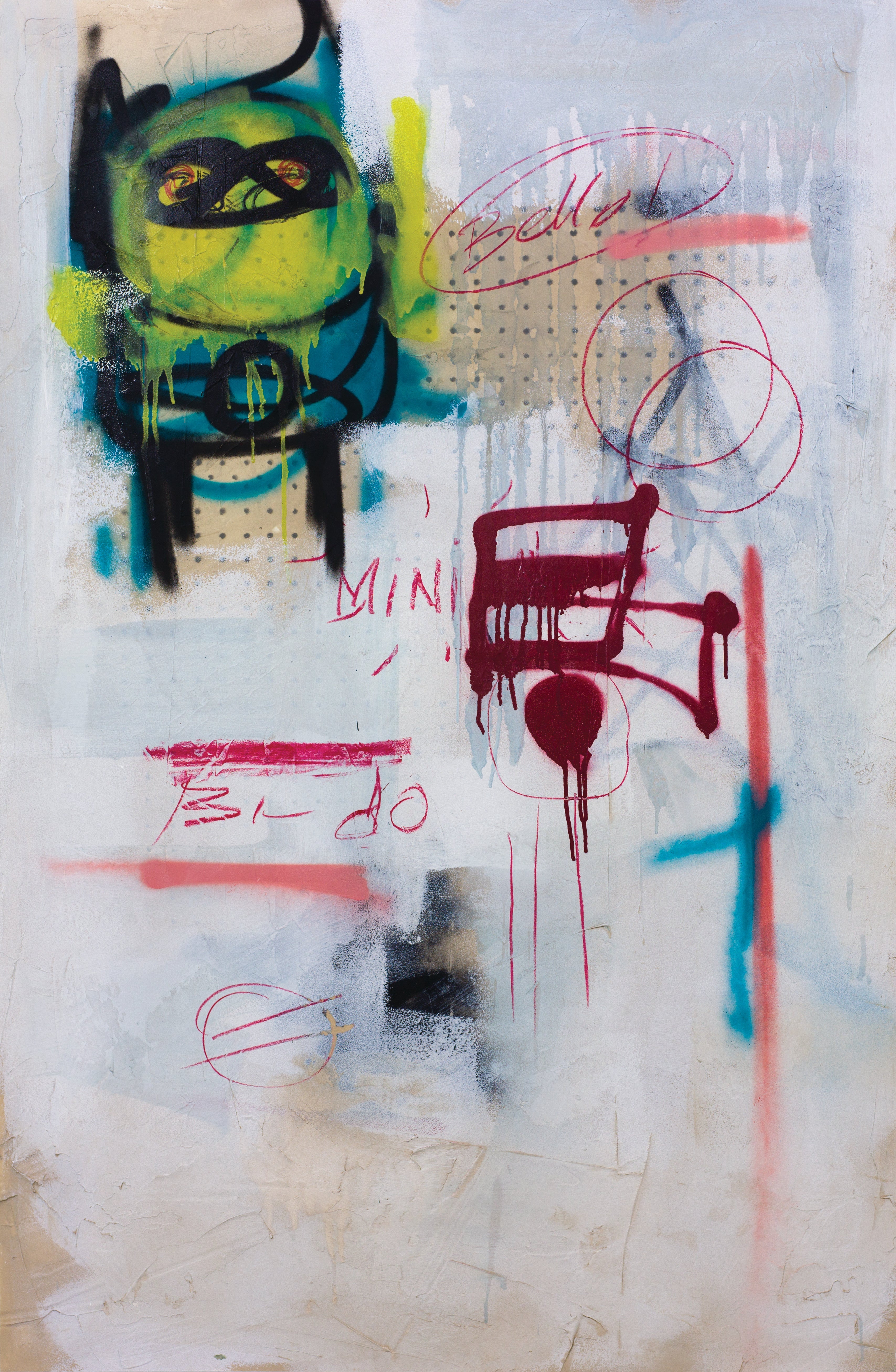 Graffiti abstract painting with neon green creature, infinity eyes, cryptic symbols, and manic scribbles, evoking chaos and raw energy.