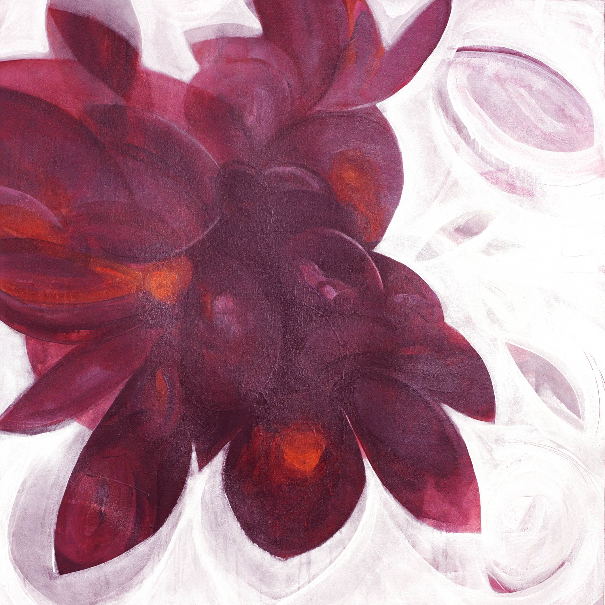 Vibrant floral abstract painting with crimson petals and gold tones on a pale background.