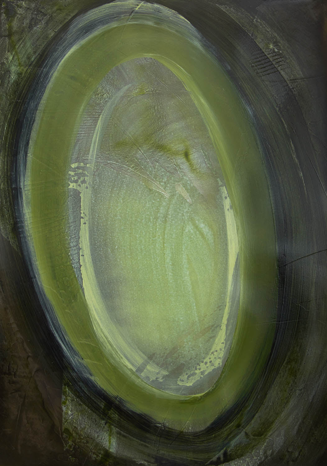 Fluid modern painting with luminous green oval emerging from shadow, evoking mystery, motion, and quiet intensity.