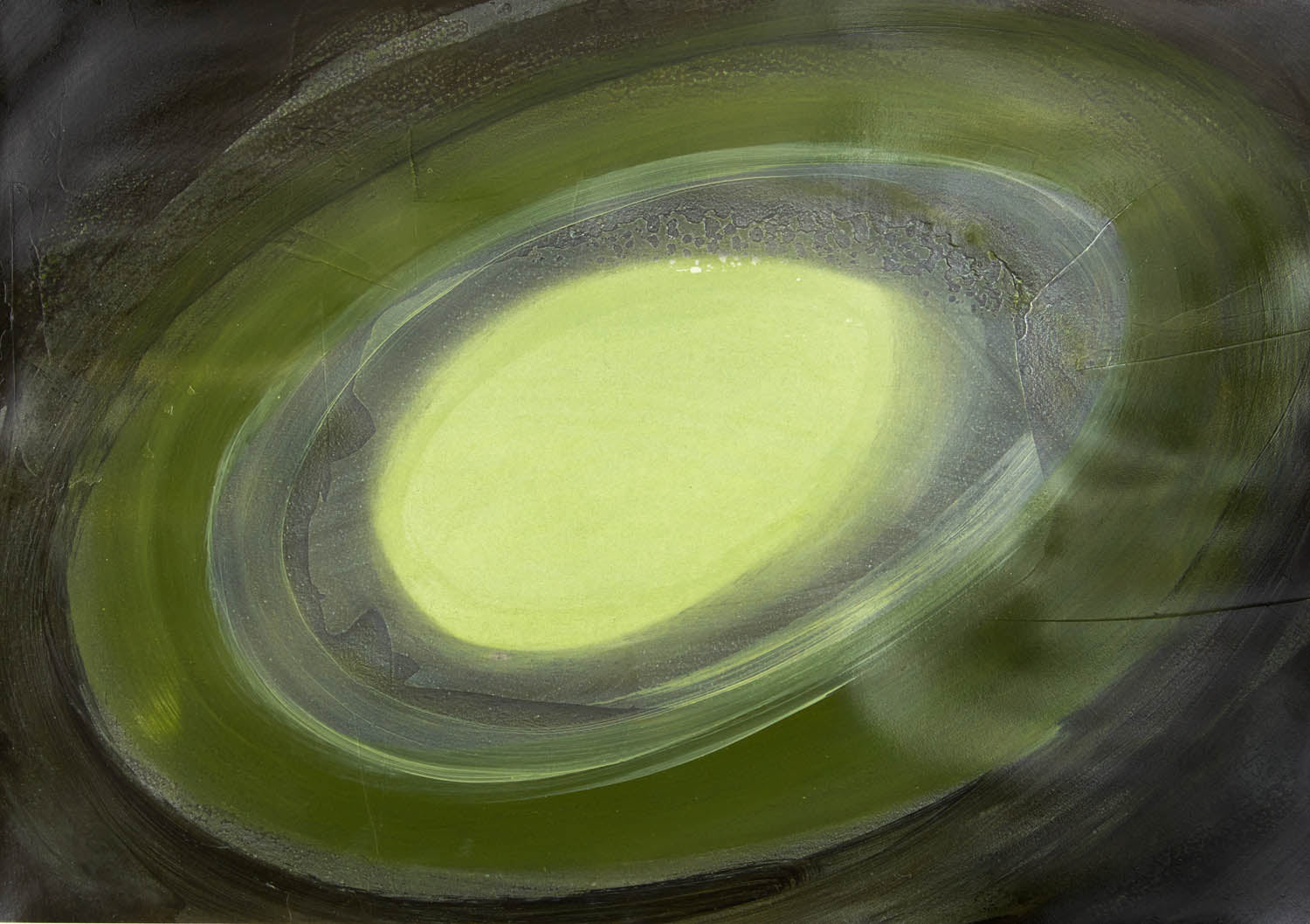 Mysterious abstract painting with glowing green core surrounded by mist and shadow, evoking calm energy and otherworldly depth.