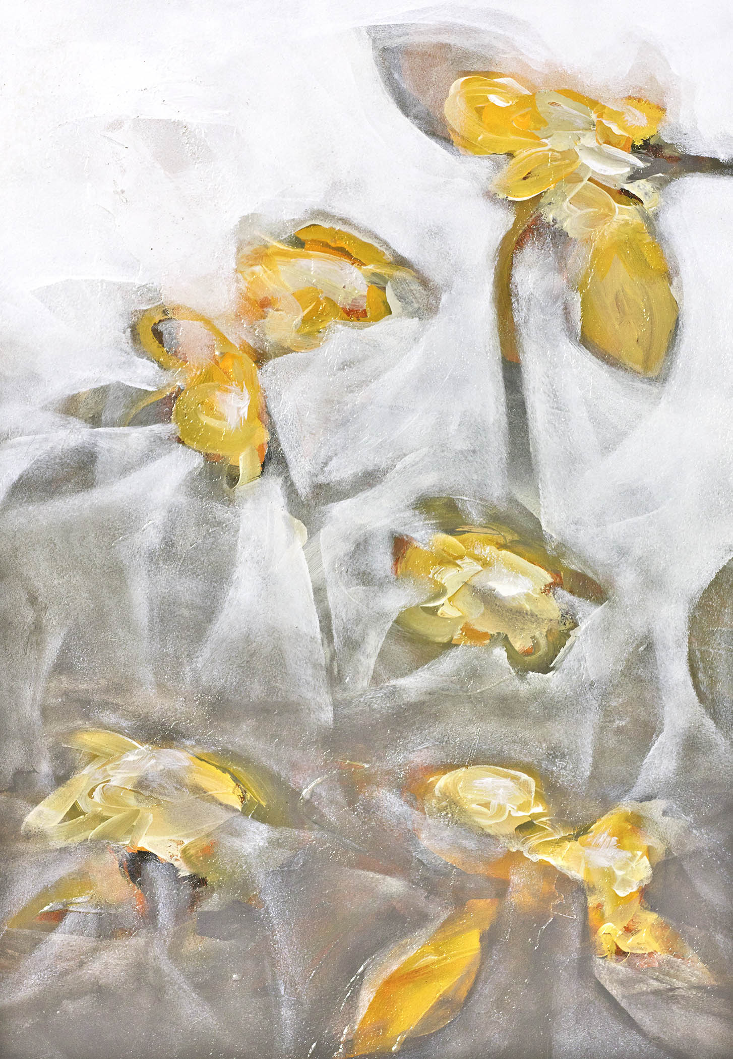 Dreamlike floral abstraction with golden petals drifting through mist, evoking softness, quiet energy, and the beauty of memory.