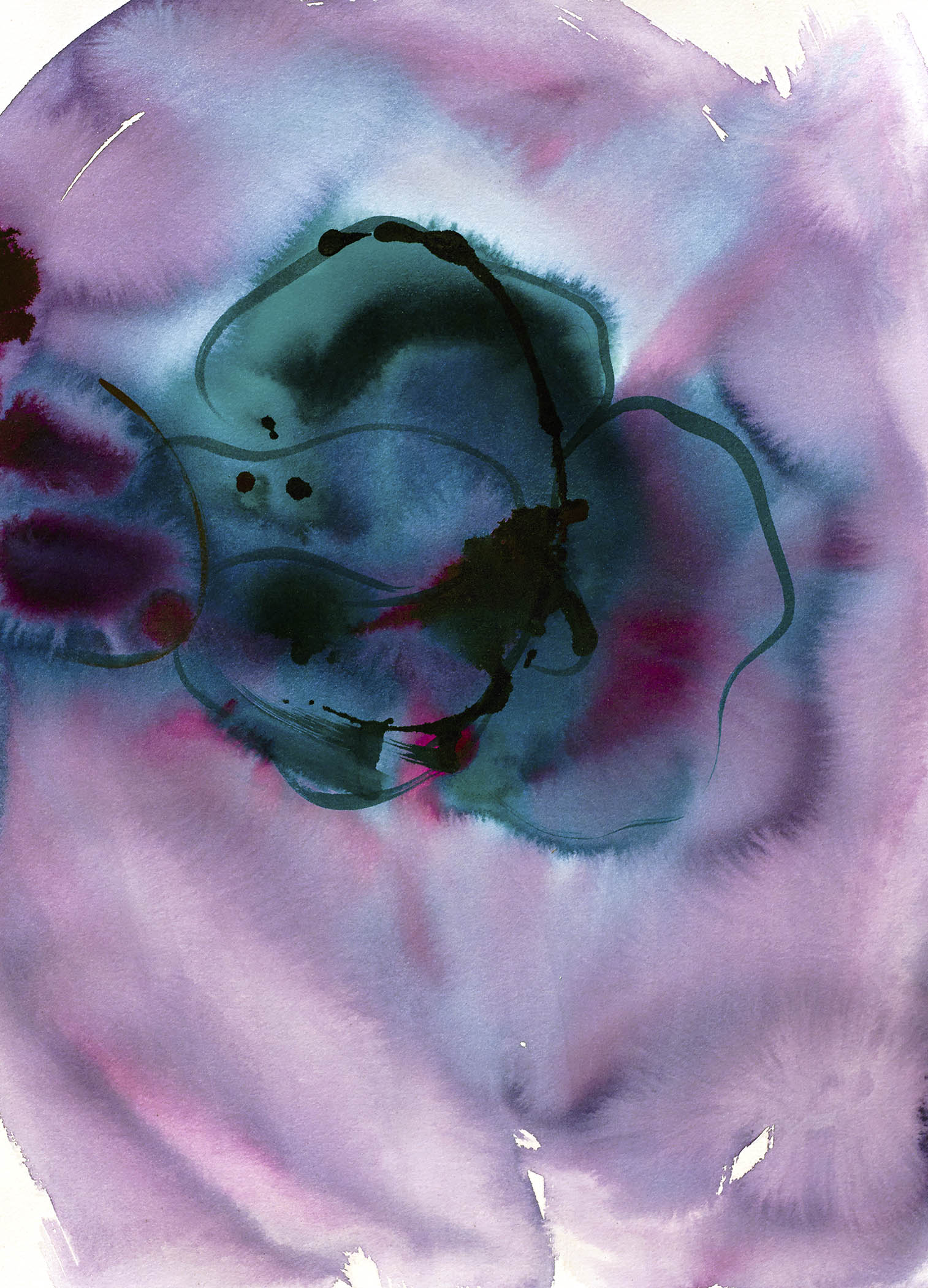 Ink abstract art with teal, violet, and magenta hues blooming into soft lavender haze, creating a fluid and expressive composition.