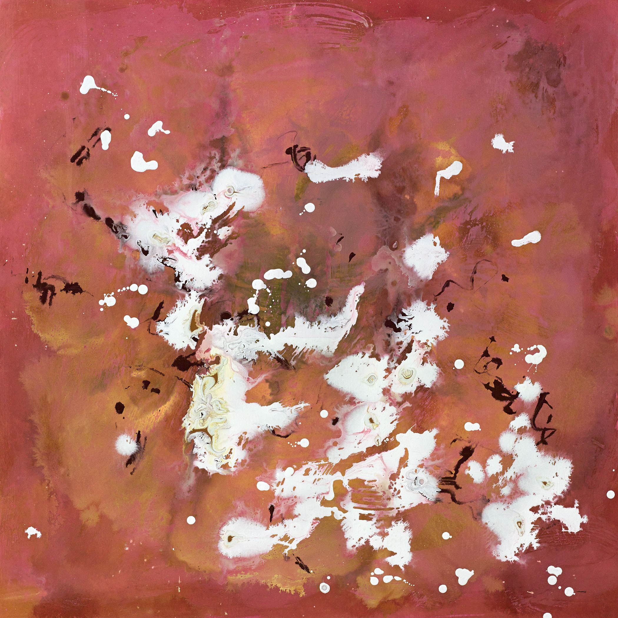 Fiery abstract painting with white bursts scattered on a scorched red field, evoking sparks, heat, chaos, and electric motion.