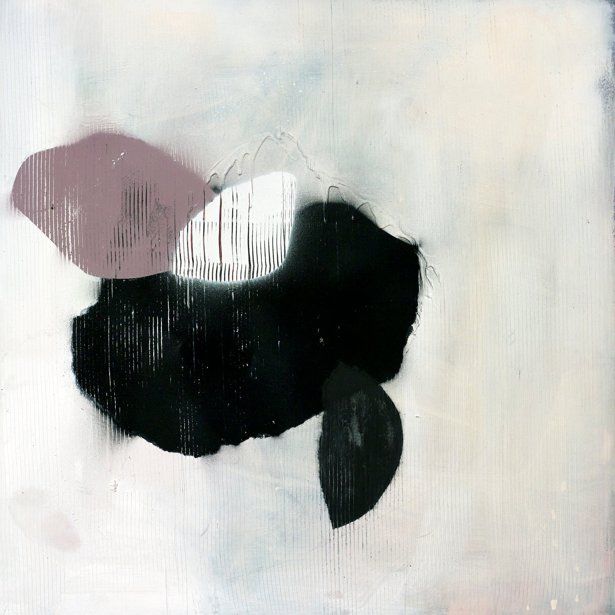 Moody abstract painting with black, mauve, and white forms etched with lines, evoking tension, control, and quiet energy.
