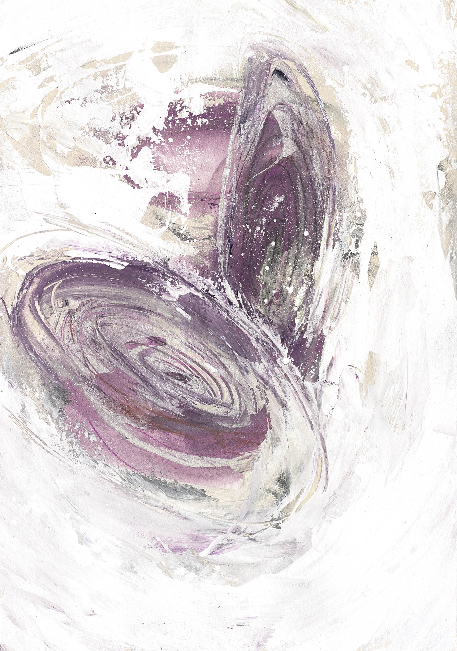 Textured abstract painting with lavender and plum spirals over a white haze, evoking softness, motion, and balance.