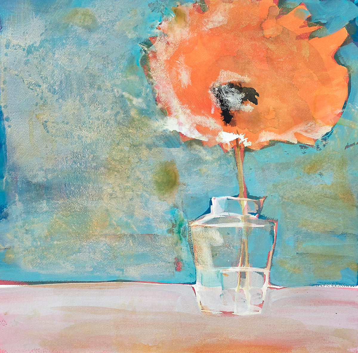 Contemporary floral still life with fiery orange bloom in a glass vessel on a dreamy blue wash, balancing energy and calm.