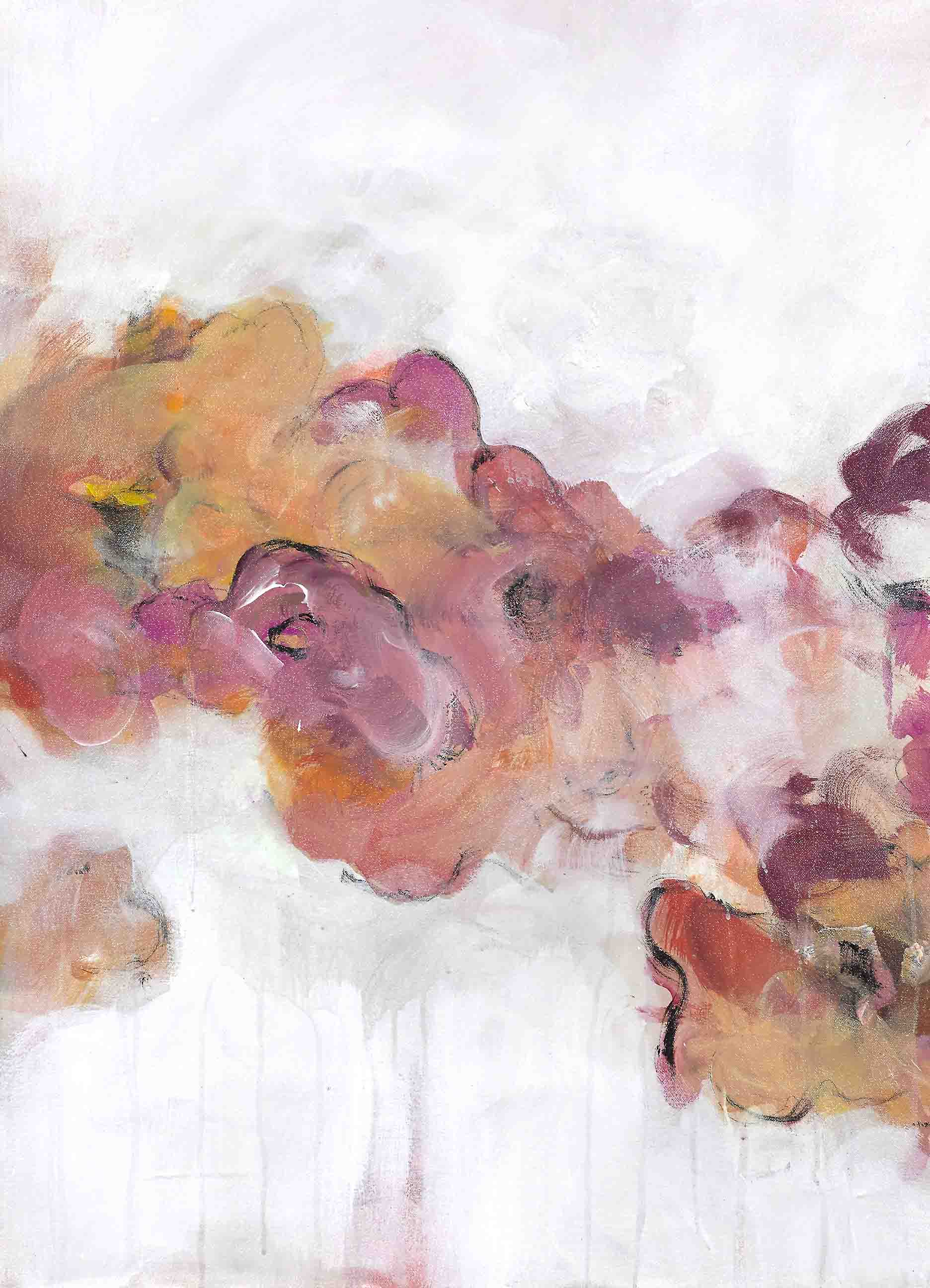 Blush abstract painting with tones dissolving into milky white, evoking petals in air, growth, decay, and quiet beauty.