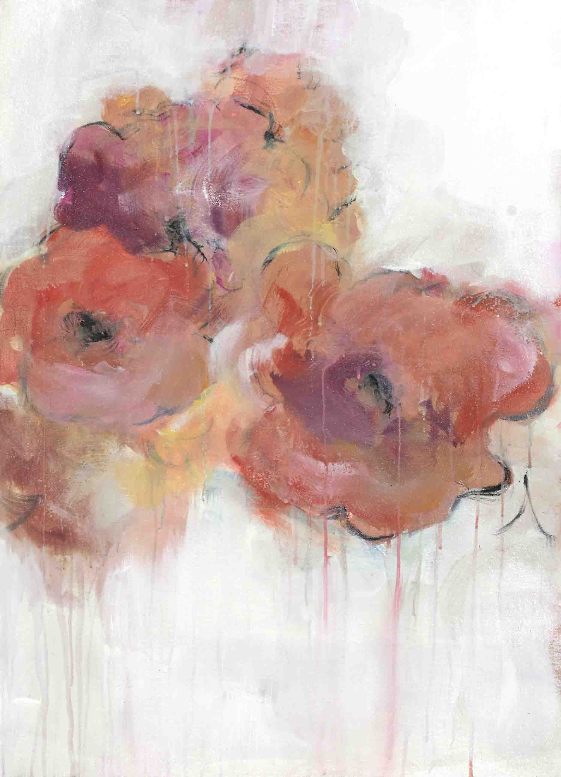 Floral abstract painting with coral, blush, and rose petals drifting across a misty canvas, tender and atmospheric in tone.