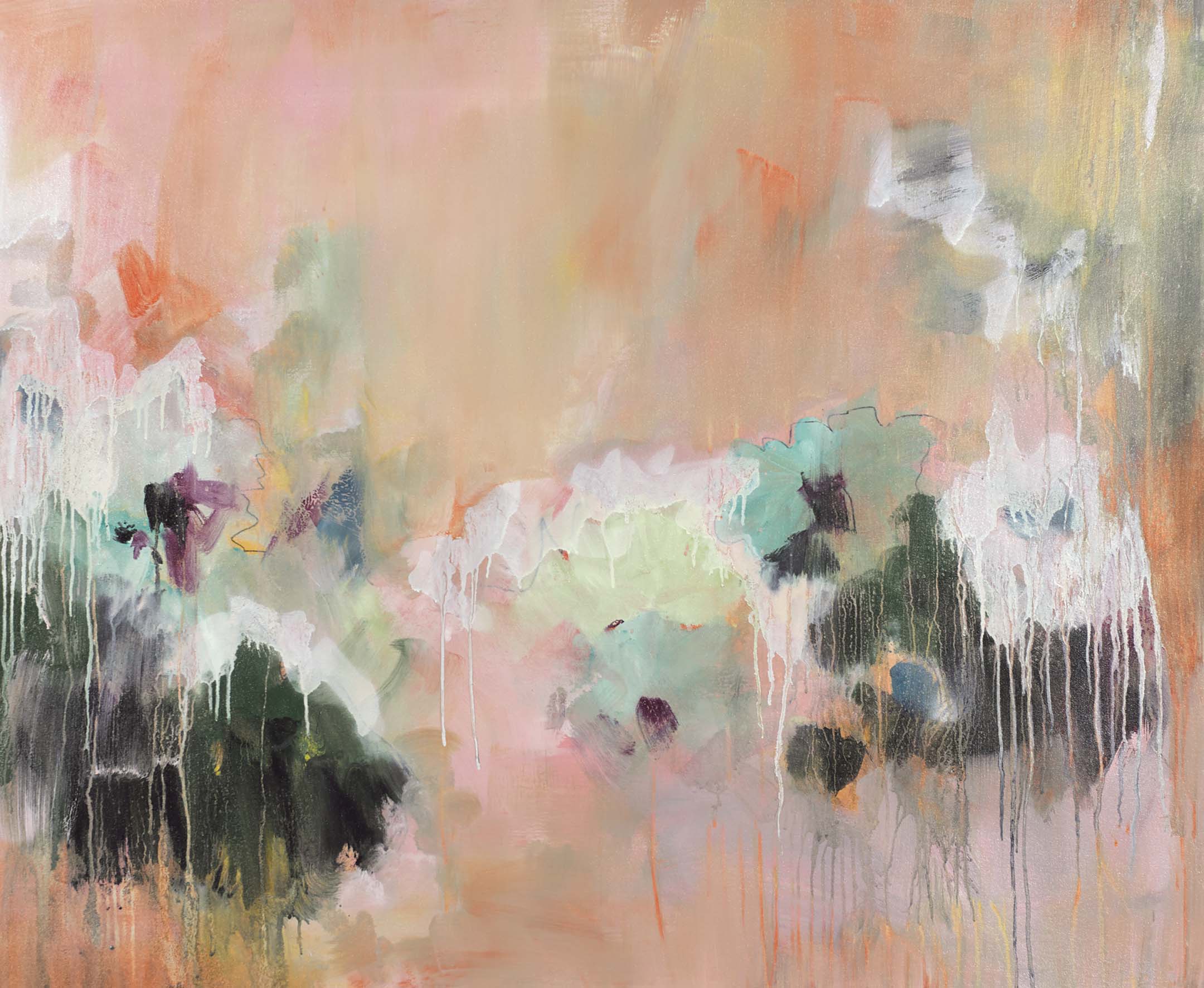 Abstract floral garden painting with blush, coral, and teal petals, featuring drips and layered textures evoking memory and motion.